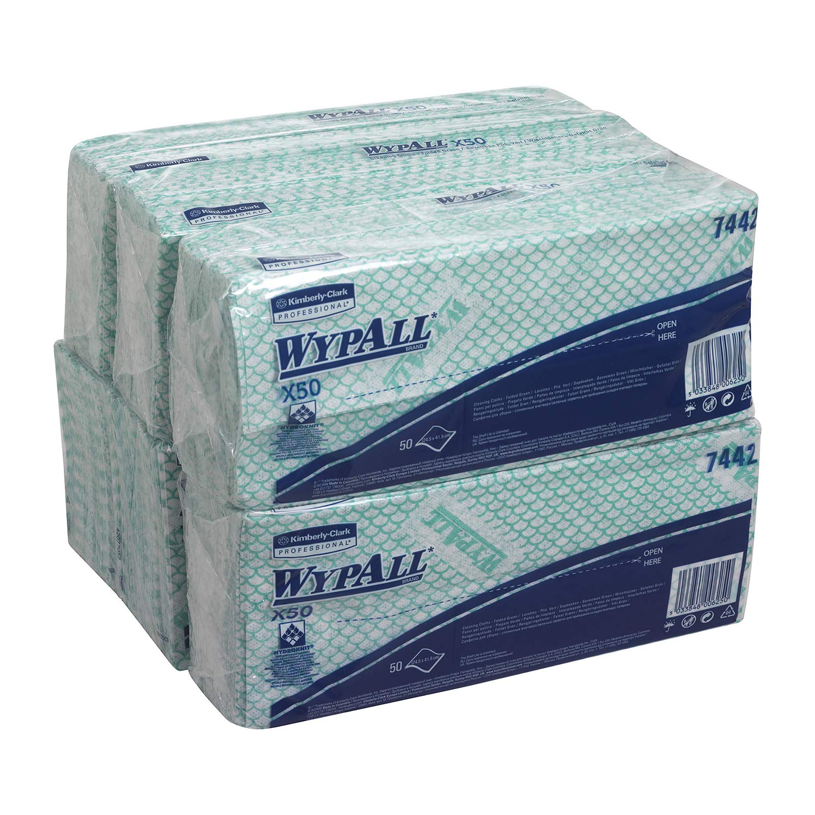 X50 Colour Coded Cleaning Cloths 7442, Green Food Contact Wiping Cloths, Hydroknit Technology, 6 Packs x 50 Interfolded Wipes (300 Total)