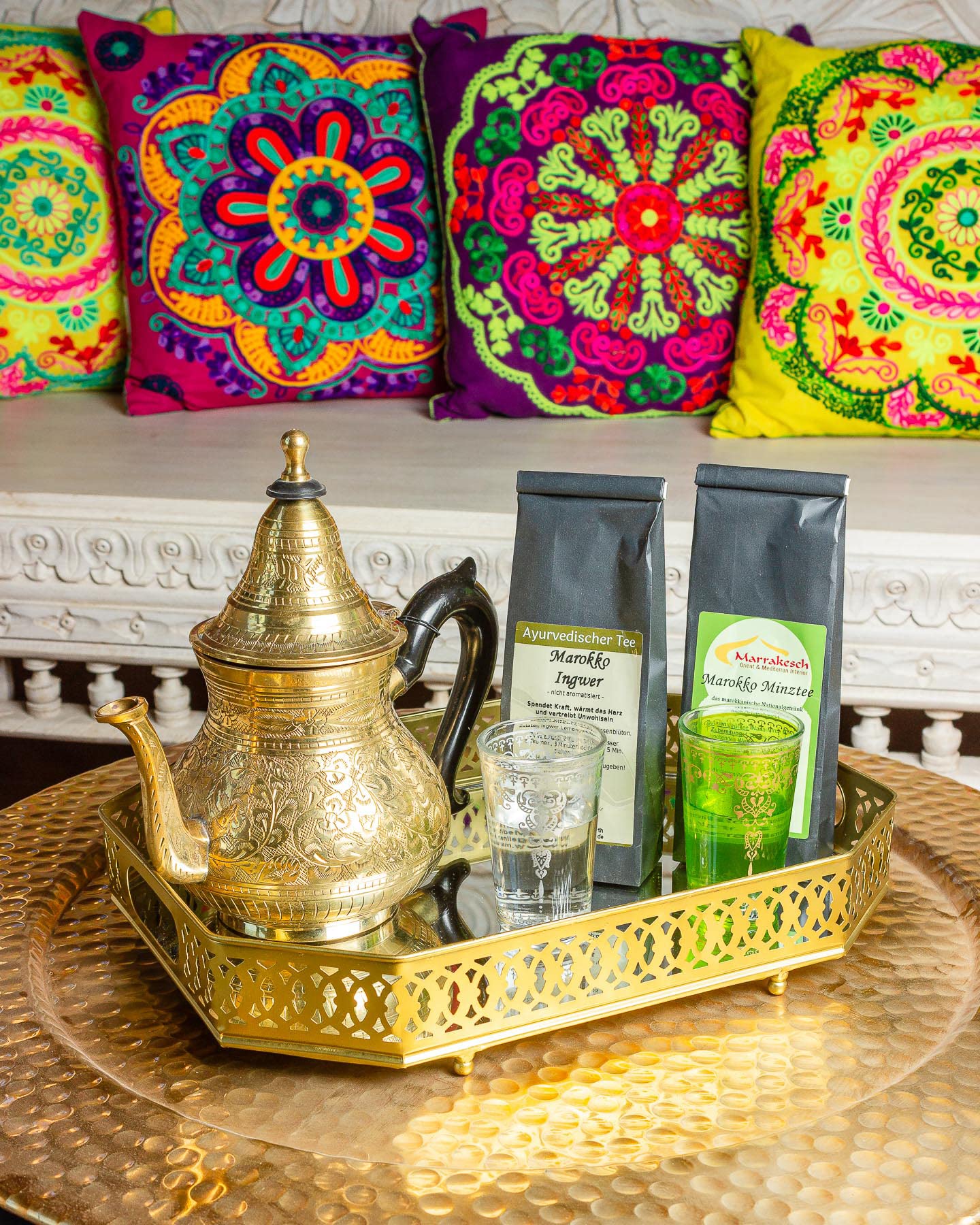 Orientalisches Spiegeltablett Agata aus Metall in Gold rund 34 cm