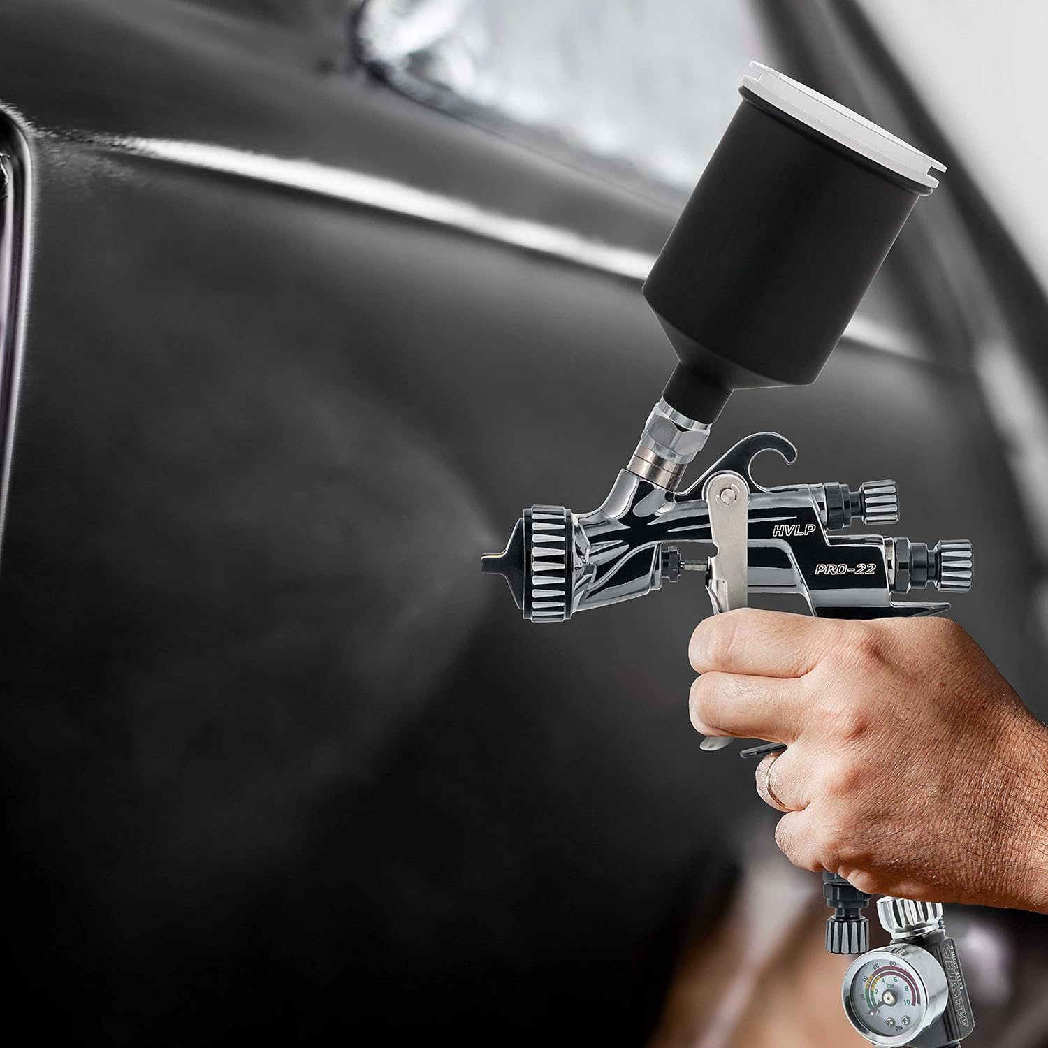Master Elite Performance PRO-22 HVLP Air Spray Paint Gun with 1.0mm Tip, 150ml Cup, Air Pressure Regulator Gauge - Air Paint Sprayer Gun for Cars, Painting Base & Clearcoats