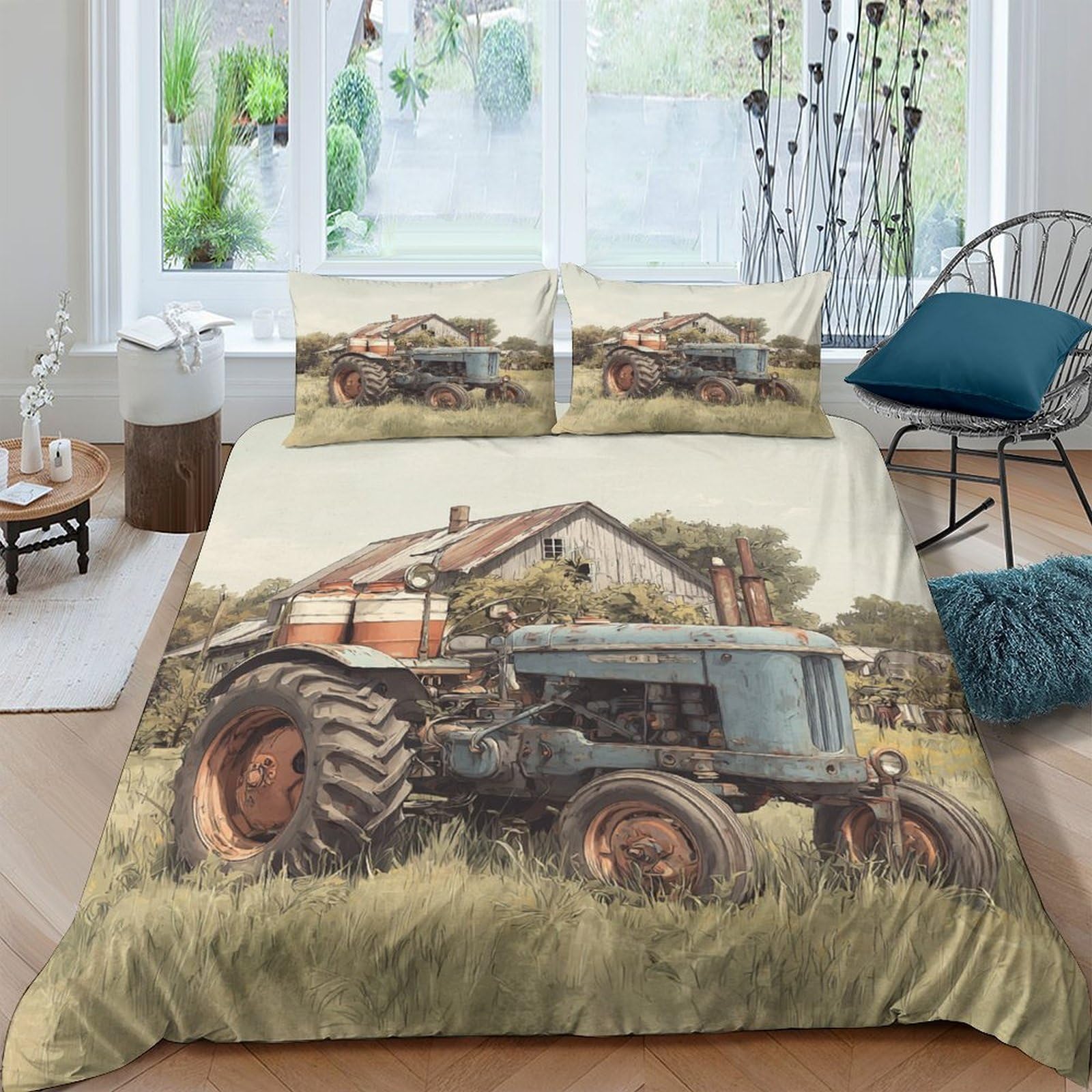 Ctjqhvkz Style-10 3D Printed Vintage Tractor Fitted Sheet Microfiber Soft Breathable Farmhouse Landscape Bed Cover For Bedroom Dorm Mattress Protection Decor Single（135X200cm）