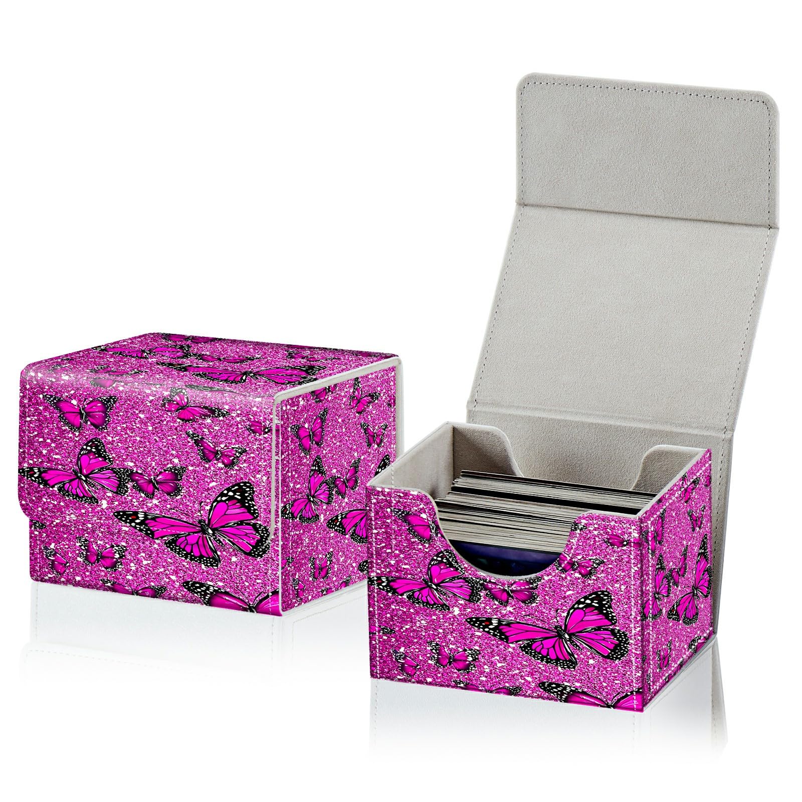 RWUTYTIUL Card Deck Box for MTG, Cards Storage Box Fits 120+ Sleeved, Leather Small Size Strong Magnetic Closing Card Case for Board Games Magic TCG CCG Baseball Collection, Pink Butterfly Art