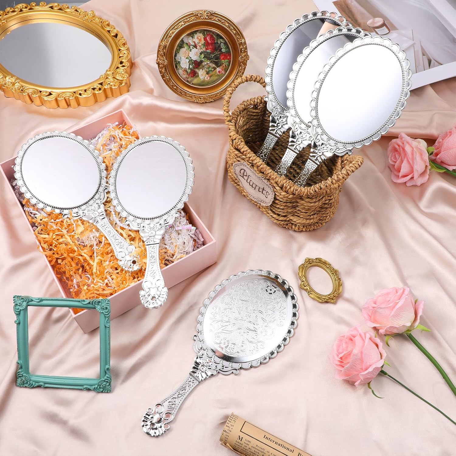 12 Pcs Vintage Handheld Mirror with Handle, 10" L x 4.5" W Sliver Vanity Makeup Mirror Travel Mirrors, Travel Hand Mirrors for Women Embossed Flower Portable Princess Mirrorss for Decorative Tabletop
