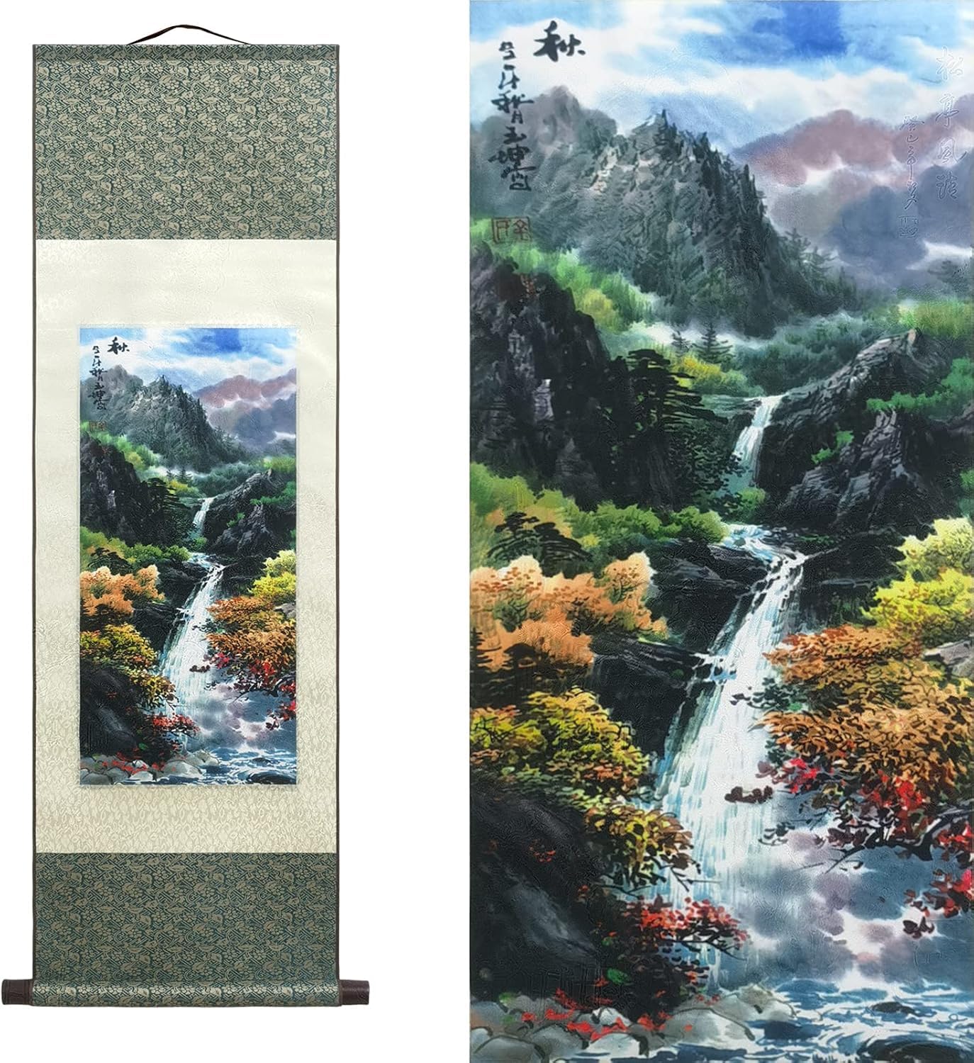 Atfart J-07-3 Silk Scroll Painting Asian Wall Decor - Four Seasons Landscape Wall Art - Autumn Chinese Art (36.2X12in)