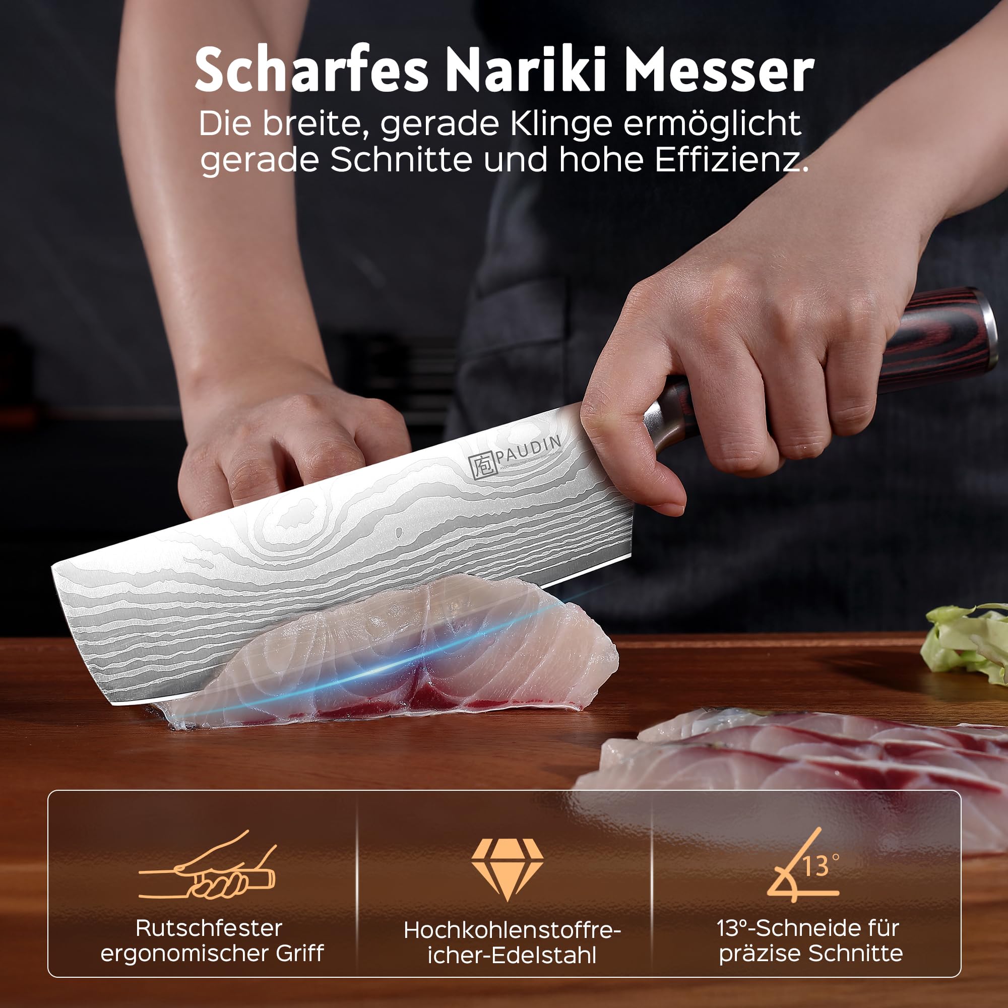 PAUDIN Japanisches Messer, Klingenlänge 17 cm Nariki Messer Hackmesser Kochmesser aus hochwertigem Edelstahl, asiatisches Mehrzweck Küchenmesser für Haus und Küche mit ergonomischem Griff