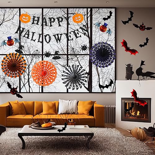 Miniatura 4 de Yunison Kit de decoración de abanico de papel de Halloween de 12 piezas, abanicos de papel para colgar en el techo, pancarta de fiesta de calabaza