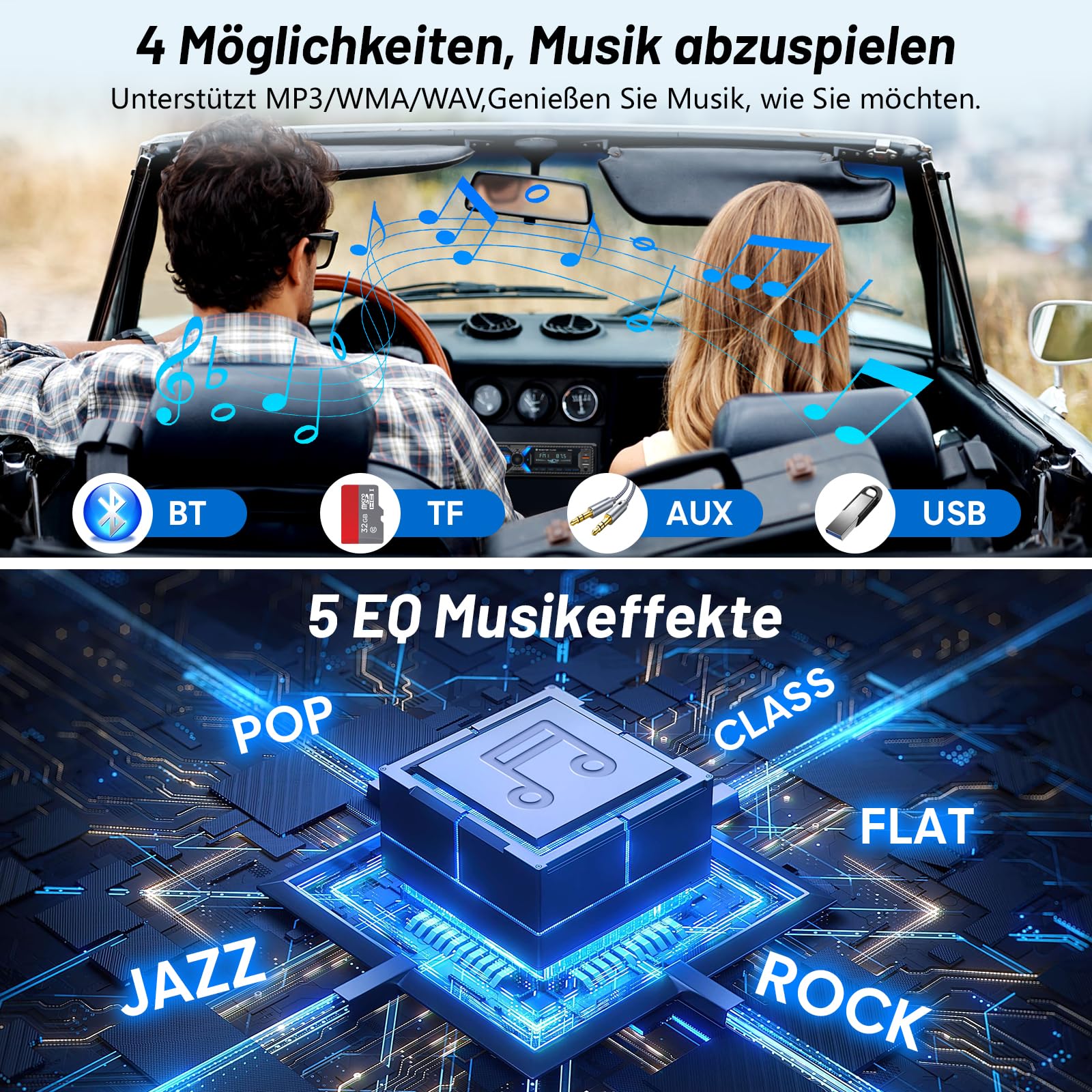 RDS Autoradio Bluetooth mit Typ-C-Ladeanschluss, Wistrue FM/AM Autoradio 1DIN Unterstützt 2USB/AUX/SD/TF/EQ/DSP/MP3 Player