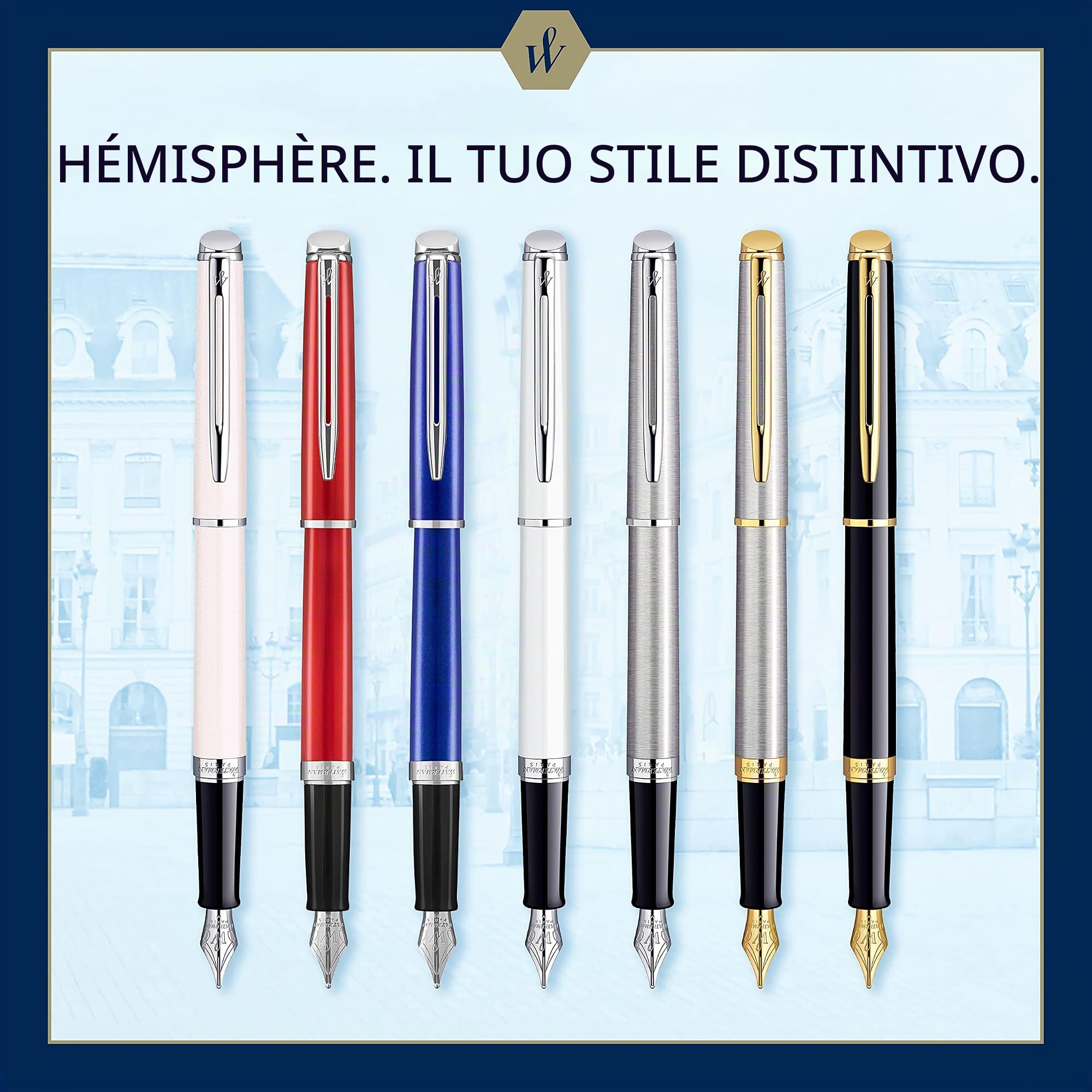 Waterman Hémisphère penna stilografica | nero lucido con finiture in oro 23 carati | pennino sottile con cartuccia di inchiostro blu | confezione regalo