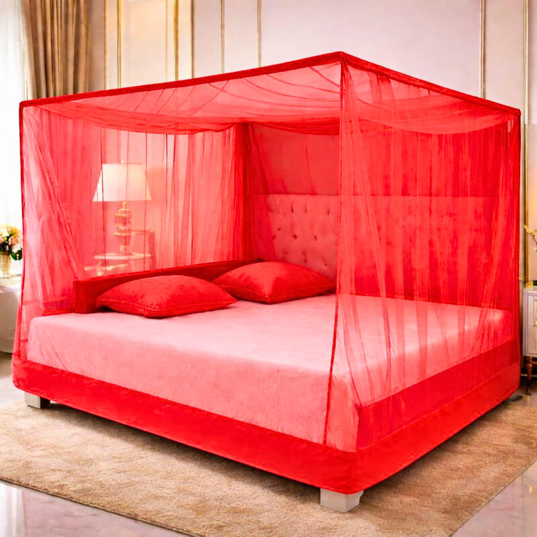 Premium Mosquito Net for Double, Queen, and Single Beds – Cotton Tape, Foam Bottom & Superior Airflow. (Red, Double Bed)-image-35