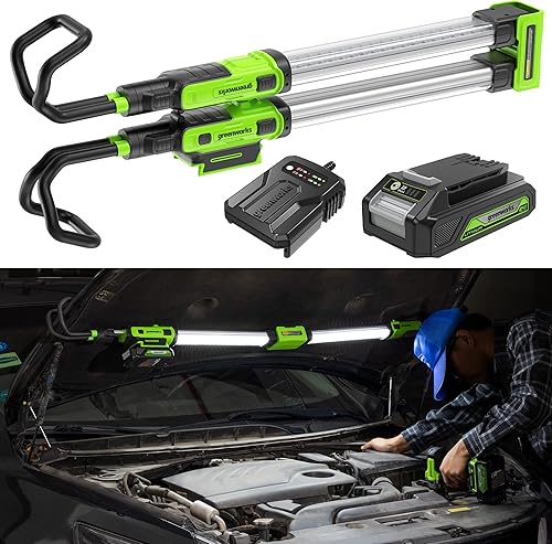 Greenworks Luz de trabajo debajo del capó de 24 V barra de luz LED de 1200 lúmenes con batería de 2 Ah y cargador de 2 A