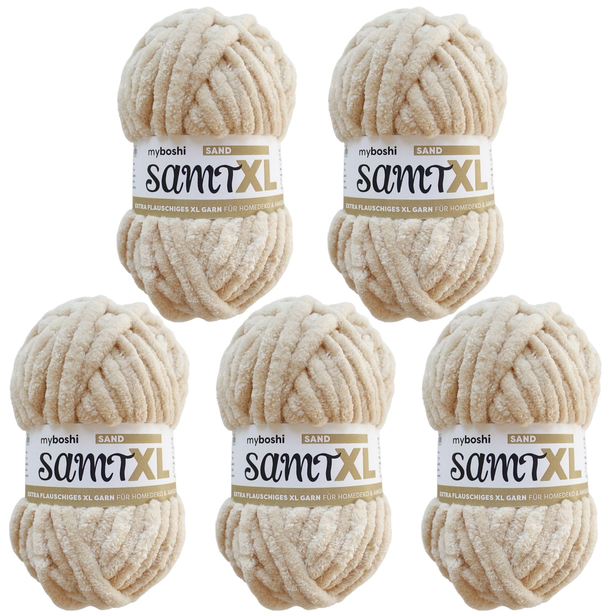 myboshi Samt XL, kuscheliges, extra dickes Chenillegarn, super chunky, zum Häkeln und Stricken, XXL-Knäuel, 100g, Ll 40m, Beige (Sand), 5 Knäuel