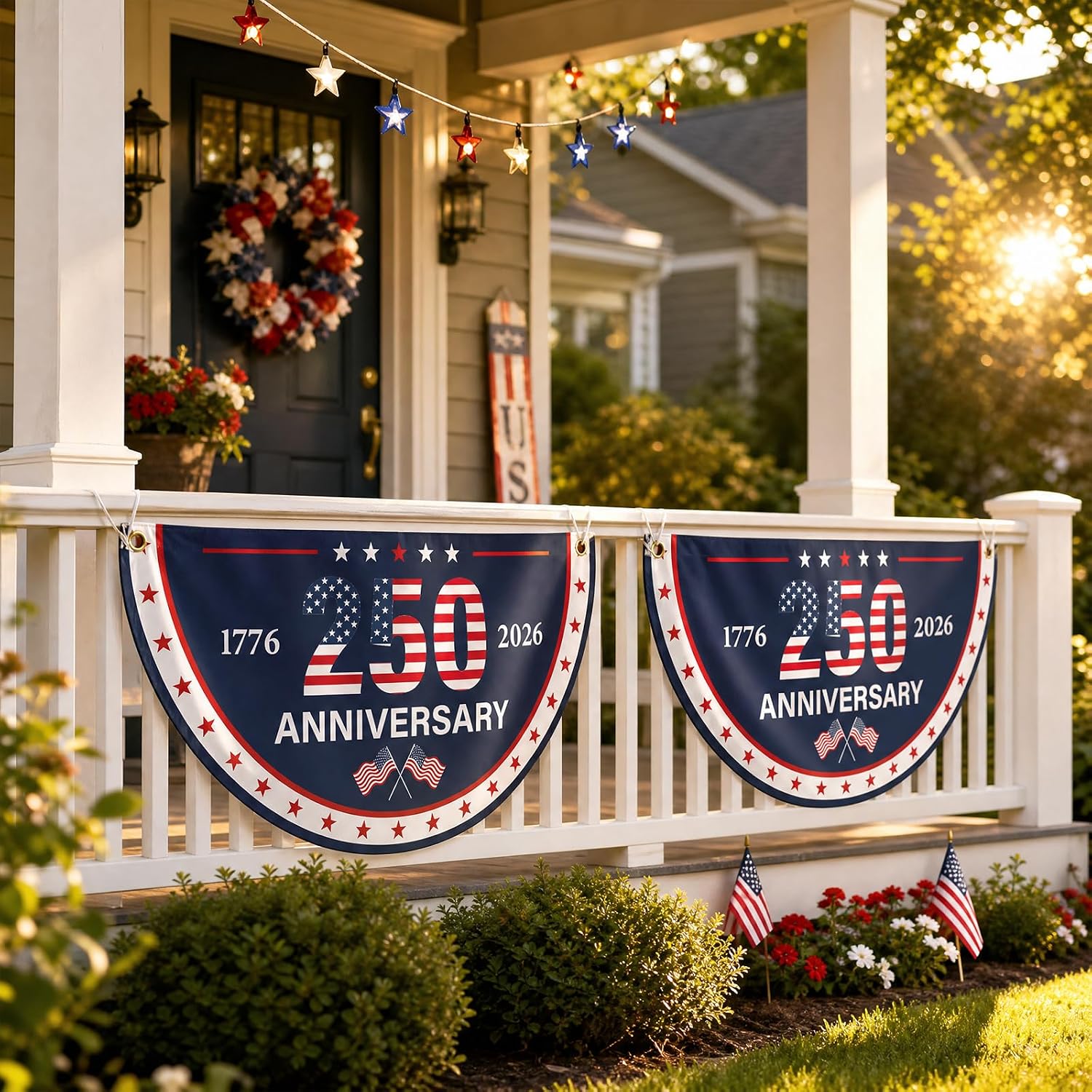 250th Anniversary USA Bunting Flag, 2 Pcs 1776-2026 American Patriotic Bunting Fan Banner, Happy Birthday USA Anniversary Flag for Outdoor Front Door Porch Decor 23.6 x 47.2 Inch