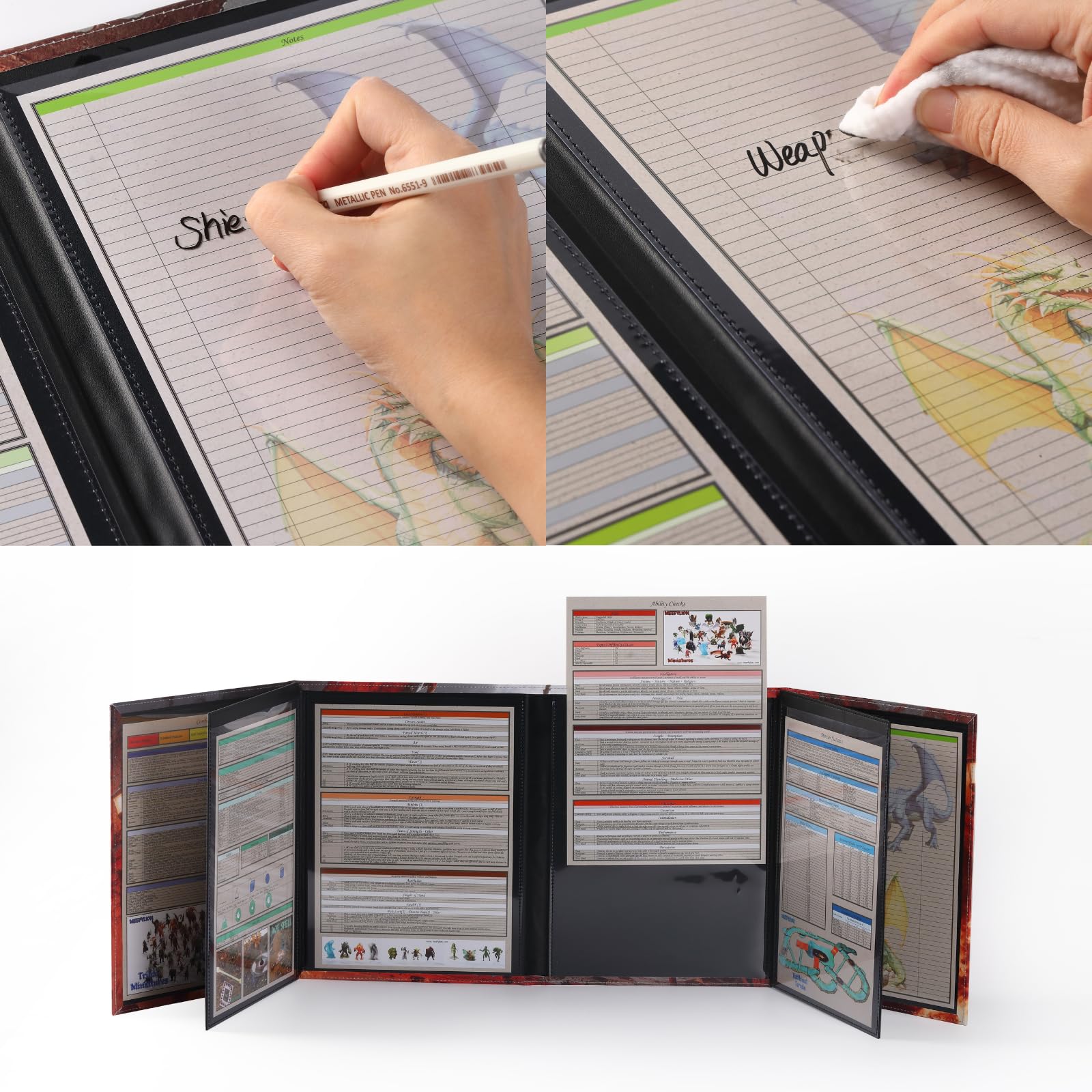DND DM Screen pittura a olio effetto rilievo 8 pannelli con 2 tasche cancellabili a umido oscillanti e fogli per trucchi Dungeon Master Accessori Dungeon Master Dungeons and Dragons 5e Schermo GM D&D