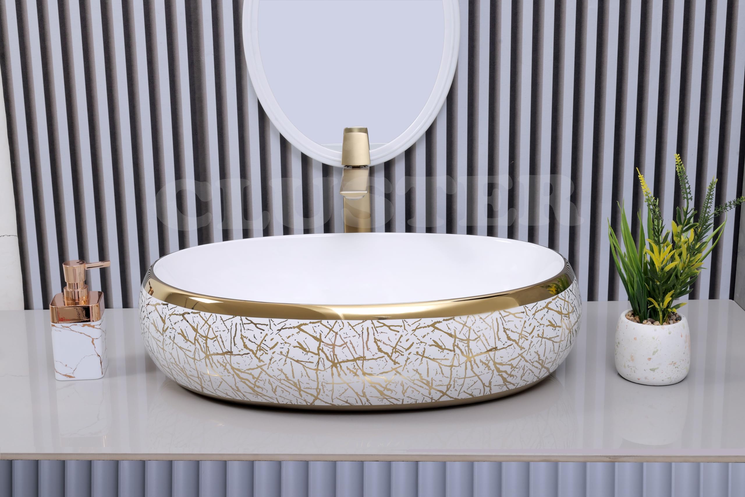 CLUSTER Designer Glossy Ceramic Table Top Wash Basin For Bathroom | Countertop Bathroom Sink For Livingroom, Resturant Decor, Oval Shape (23.6 x 15.7 x 6 inch) (CLTT-239)