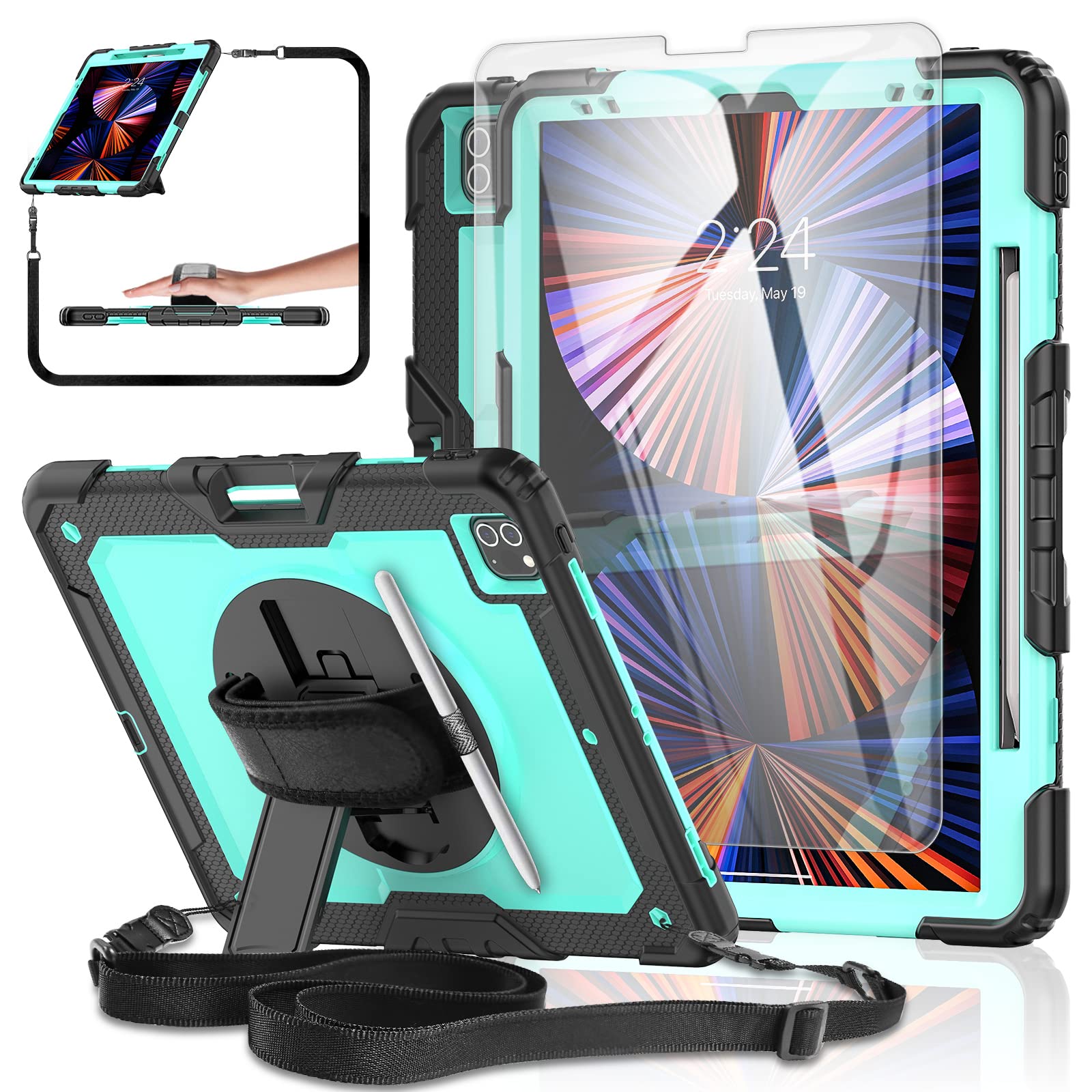 iPad Pro 12.9-inch 6th/5th/4th Generation Tablet Case 2022/2021/2020, BASE MALL Protective Case with Tempered Glass Screen Protector, Pencil Holder, Rotating Kickstand, Hand/Shoulder Strap (SkyBlue)