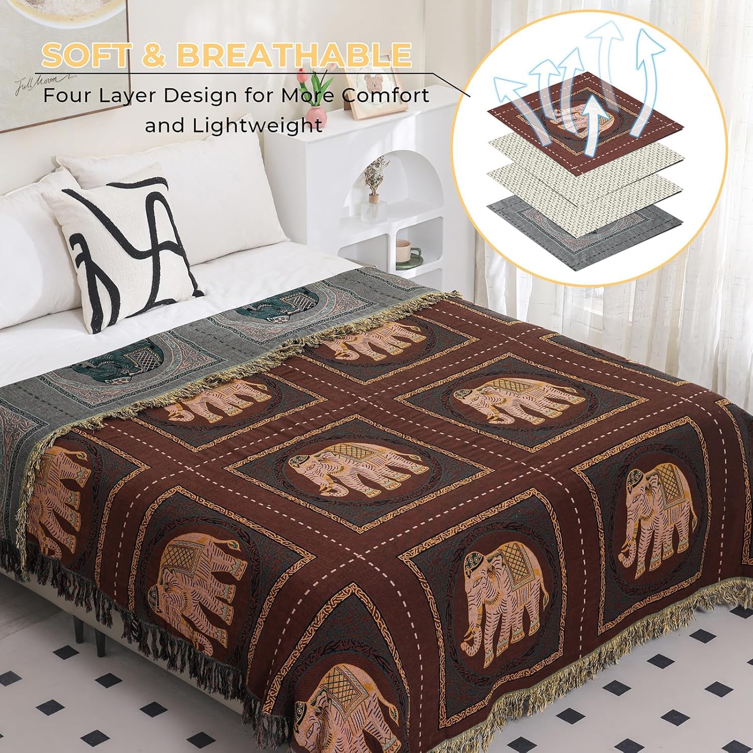 HOORDRY oho Throw Blanket for Bed with Tassels,100% Cotton Ultra Soft Cozy Large Blanket Elephant Farmhouse Decor Bed Jacquard Bedspread,All Season Rustic Throw for Sofa Couch Chair-Brown,150x200CM - Image 3