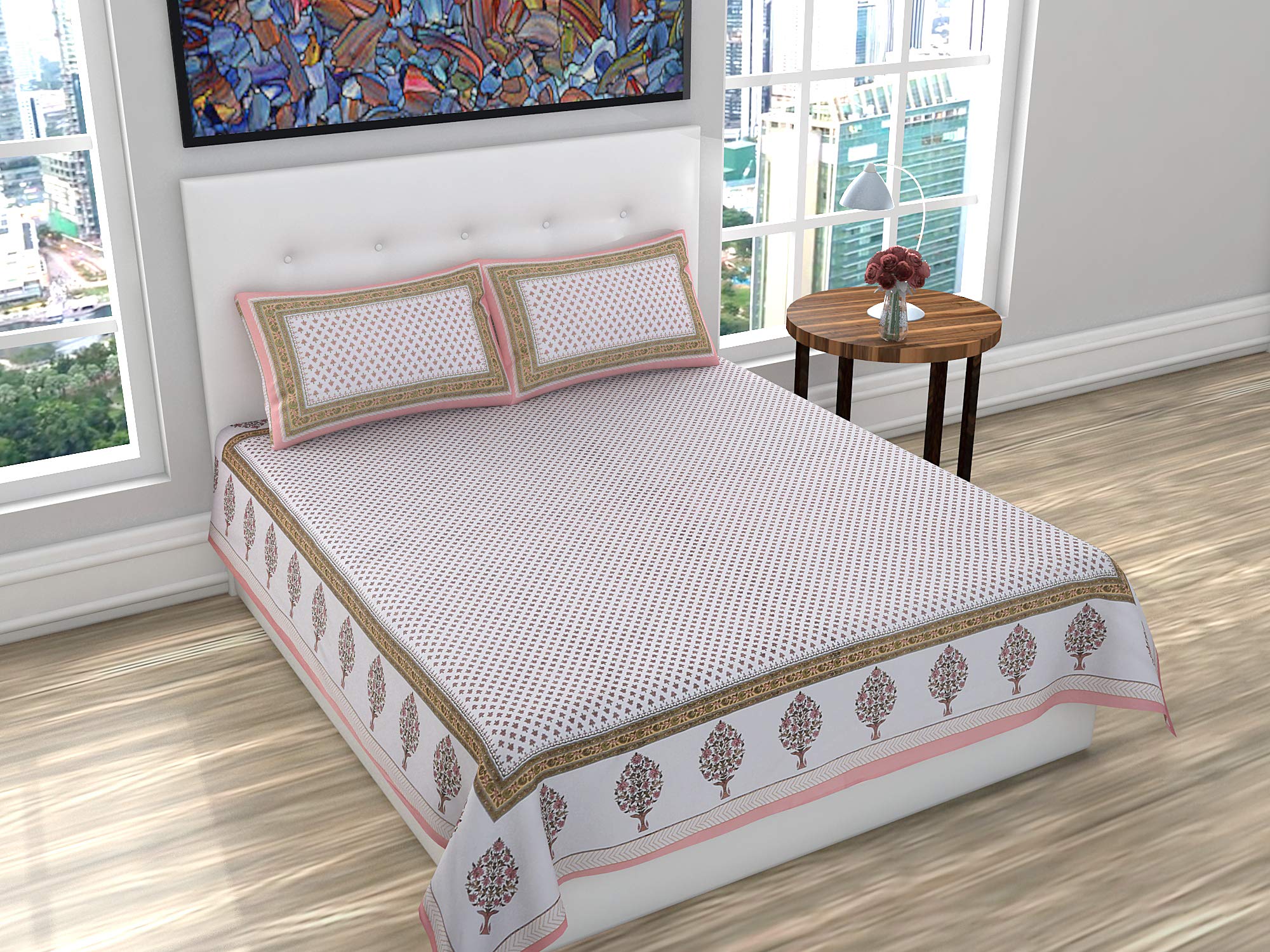 RKMOBILESRKMOBILES 100% Cotton Floral Print Queen Size BedSheet for Double Bed with 2 Pillow Covers Set (Peach, White)