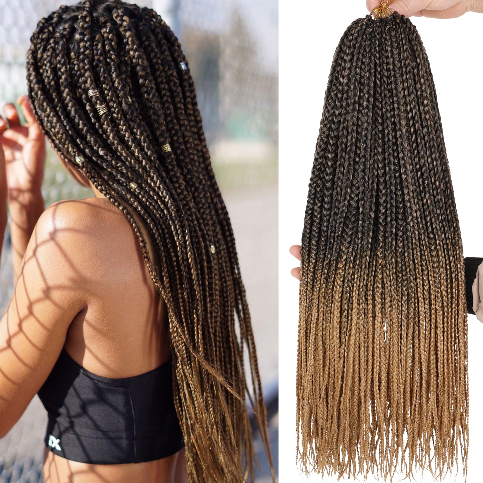 Photo 1 of 18 Inch Box Braids Crochet Hair 144 Strands Pre-looped 3X Braids 8 Packs Hair Extensions Black Strawberry Blonde Synthetic Crochet Hair for Woman (T27#)