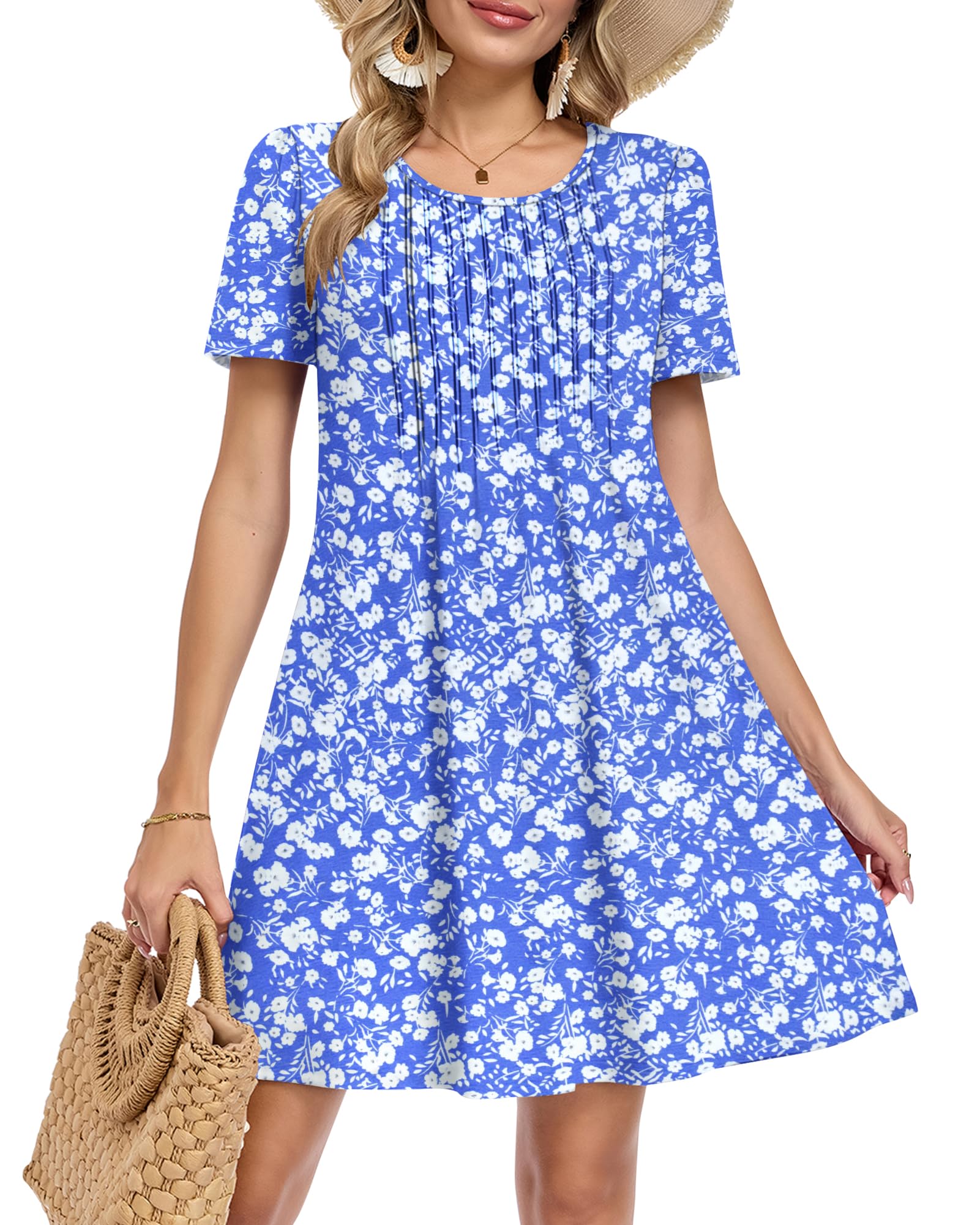Molerani Women's 04-Blue White Floral Summer Midi Dress - Round Neck Casual Dresses Short Sleeve Loose Swing Casual Dress With Pockets Blue White Floral 2XL