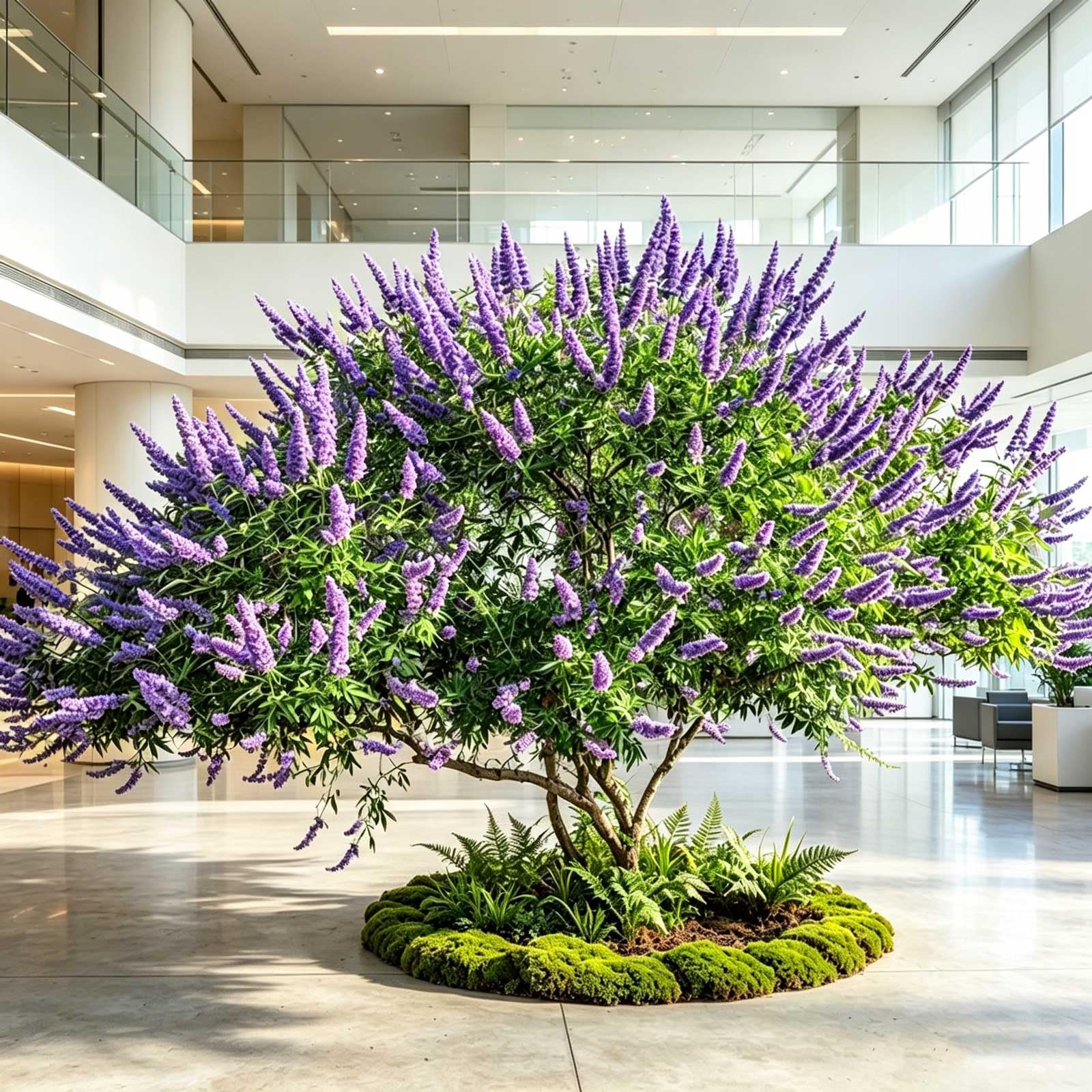 KIBONCY Full Bloom Artificial Vitex Agnus-Castus Shrub Tree, Long Slender Purple Flower Clusters Fake Tree for Studio & Exhibition Layout(3x2m)