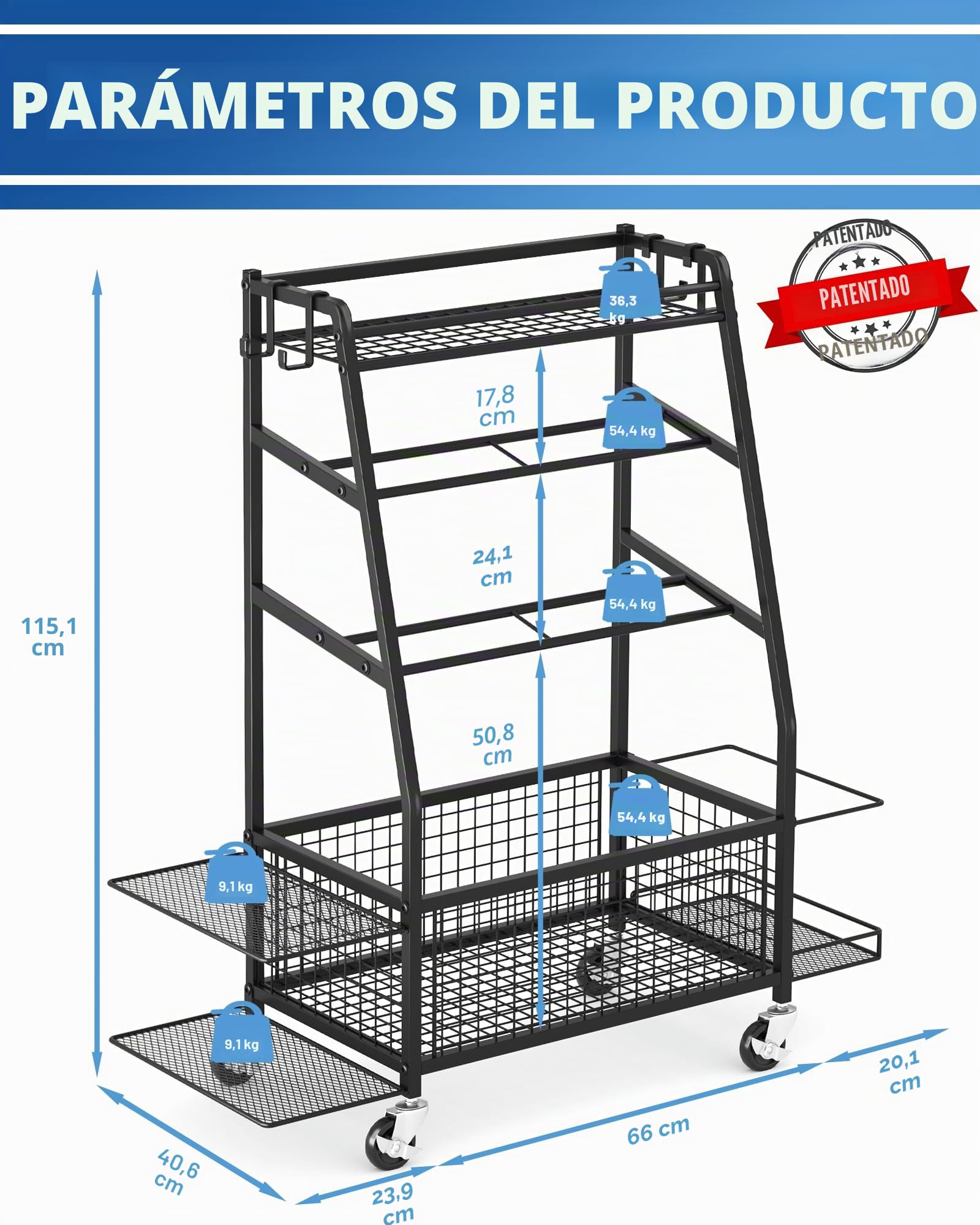 Soporte para mancuernas - Estantería de almacenamiento ampliad para gimnasio doméstico - Soporte de mancuernas con 4 ruedas flexibles y almacenamiento único en ambos lados