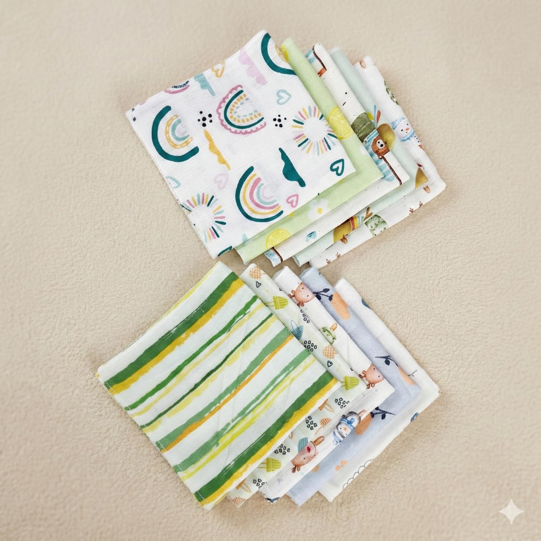 NEW COMERS Baby Washcloths, Cotton Muslin Double Layer, Animal Print Design, Super Soft Absorbent Face Towels, 25 x 25 c