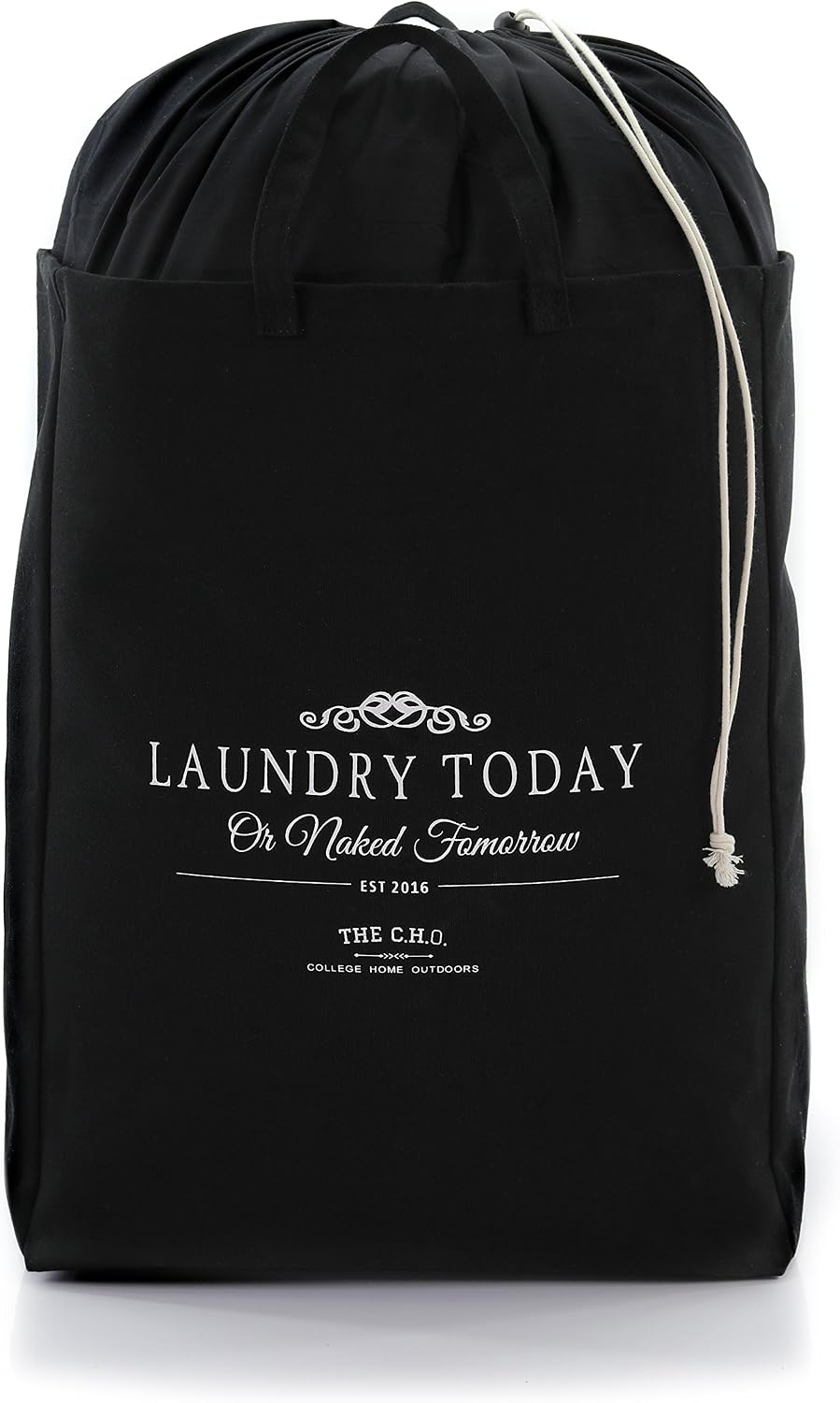 Hilarious Square Laundry Hamper | Black "Laundry Today" | 55 Liters of Heavy Duty Cotton Canvas | 21 Inches Tall x 14 Inches Wide | Collapsible | Drawstring Enclosure for Extra Space