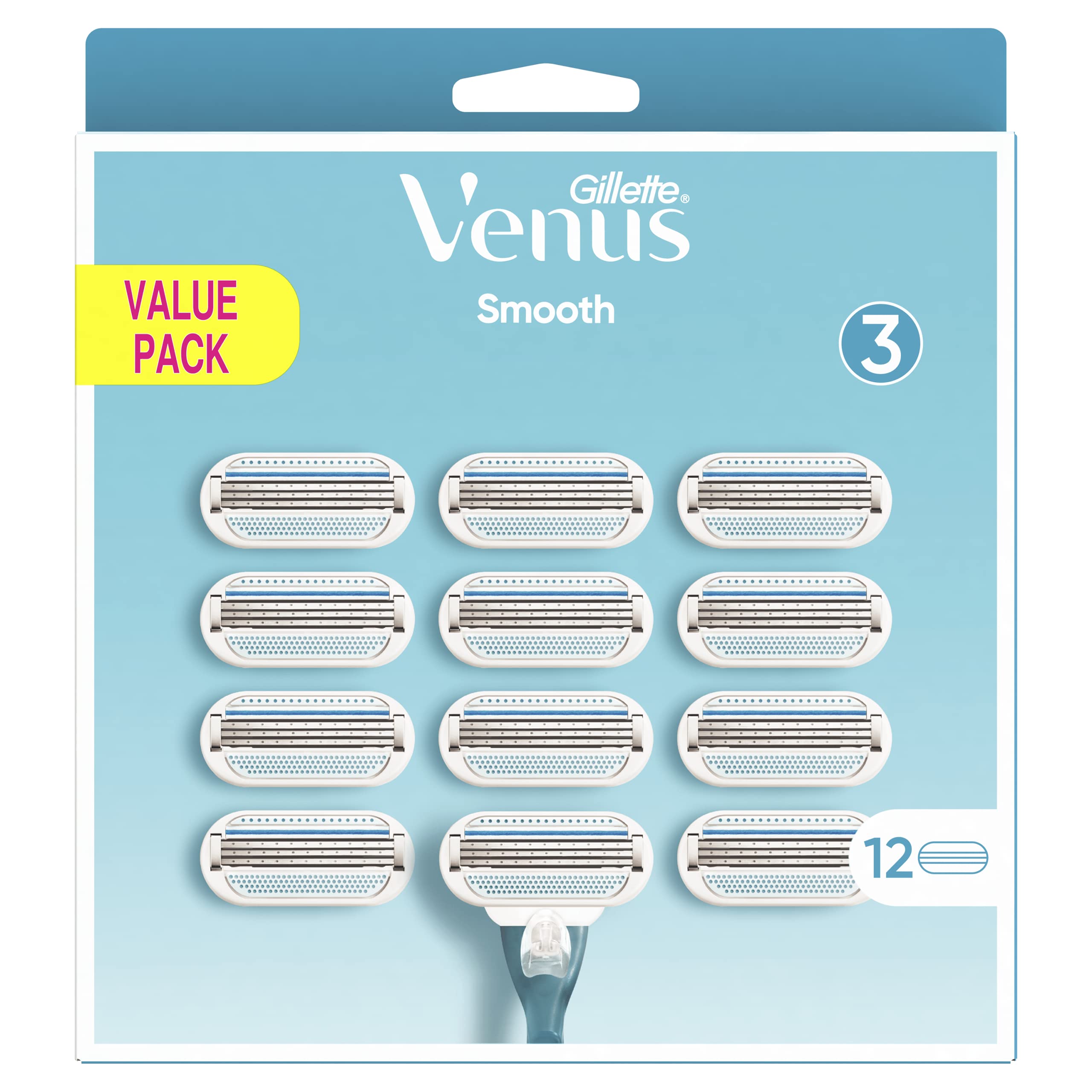 Gillette Venus Smooth Damenrasierer Ersatzklingen, Set von12, mit 3 sich der Körperkontur anpassenden Klingen, umgeben von Schutzkissen (Packung mit 3)