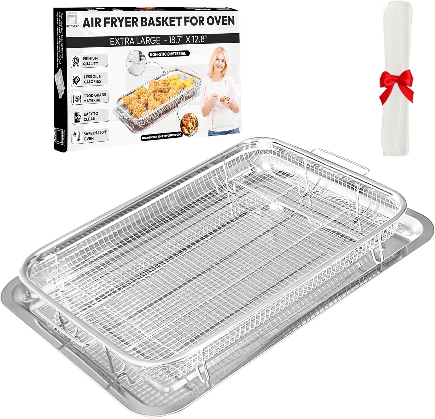 Extra Large Air Fryer Basket for Oven, OvenCrisp 18.7″ X 12.8″ Oven Air Fryer Basket and Tray Set With 30PCS Parchment Papers, Stainless Steel Air Fryer Pan and Crisper Tray for Frying Baking Extra Large Air Fryer Basket for Oven, OvenCrisp 18.7″ X 12.8″ Oven Air Fryer Basket and Tray Set With 30PCS Parchment Papers, Stainless Steel Air Fryer Pan and Crisper Tray for Frying Baking