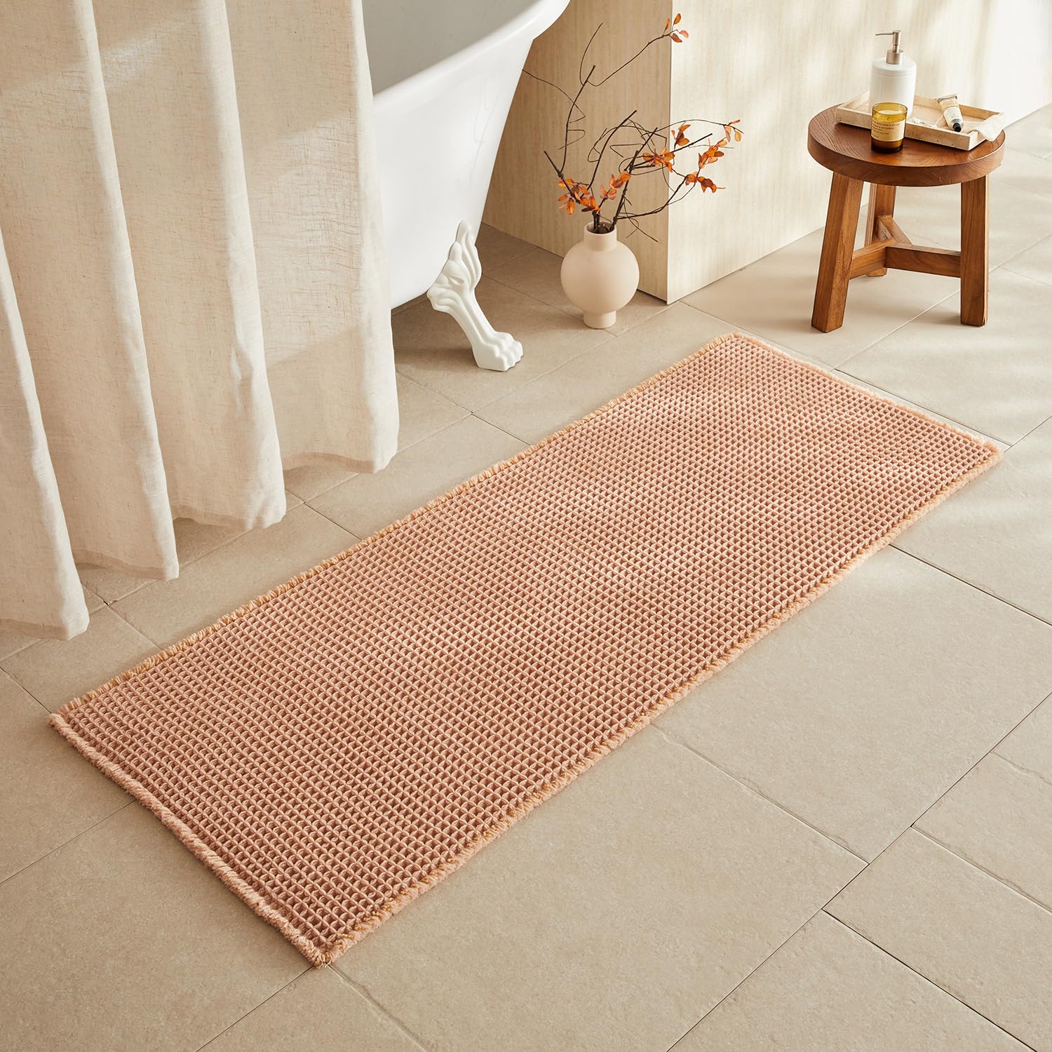 TYUU Waffle Runner Rug Bathroom, Long Boho Bathroom Rugs Non Slip Washable Super Absorbent Quick Dry Farmhouse Bath Decor, 60"x24" Light Peach