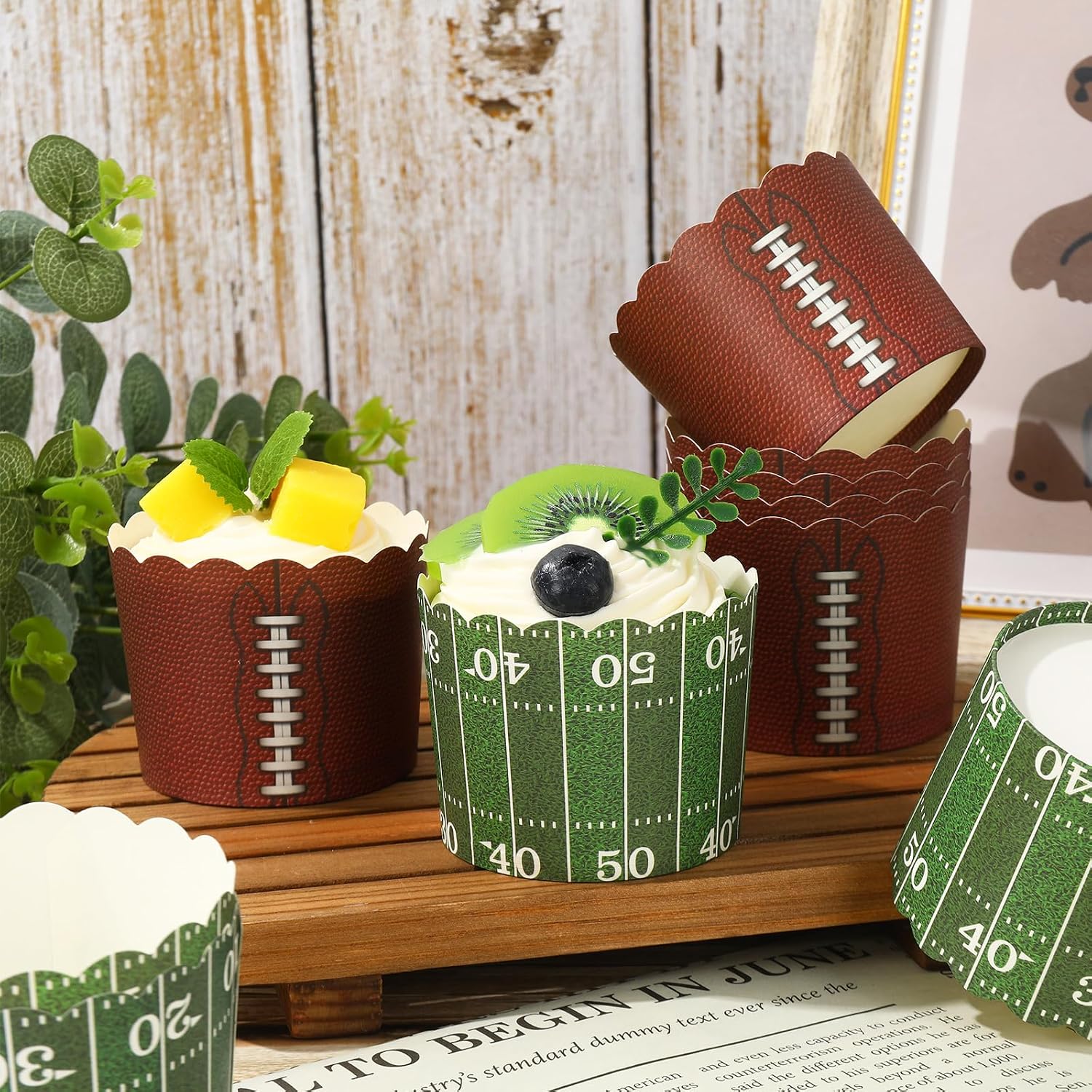 JarThenaAMCS 100Pcs Football Paper Baking Cups Brown Green Football Field Cupcake Wrappers Scalloped Edge Cupcake Muffin Cases for Sport Superbowl Party Supplies