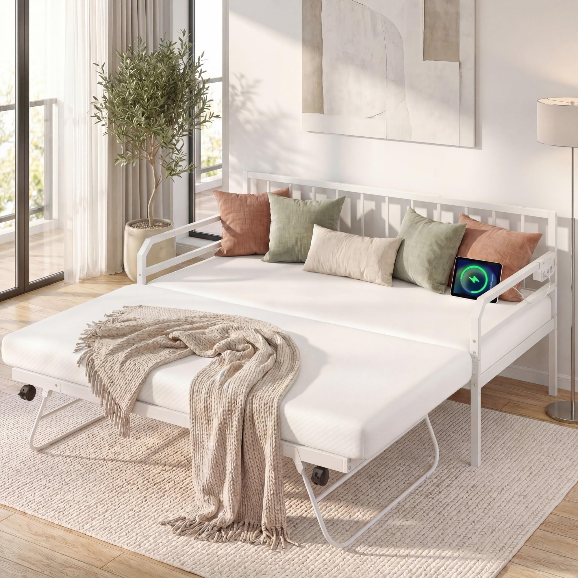 KOMFOTTEU Estructura de Sofá Cama Extensible de 2 Plazas 90 x 200 cm, Cama Nido de Metal con Luces LED, Estación de Carga, Listones Resistentes, para Salón, Dormitorio, Apartamento (Blanco)