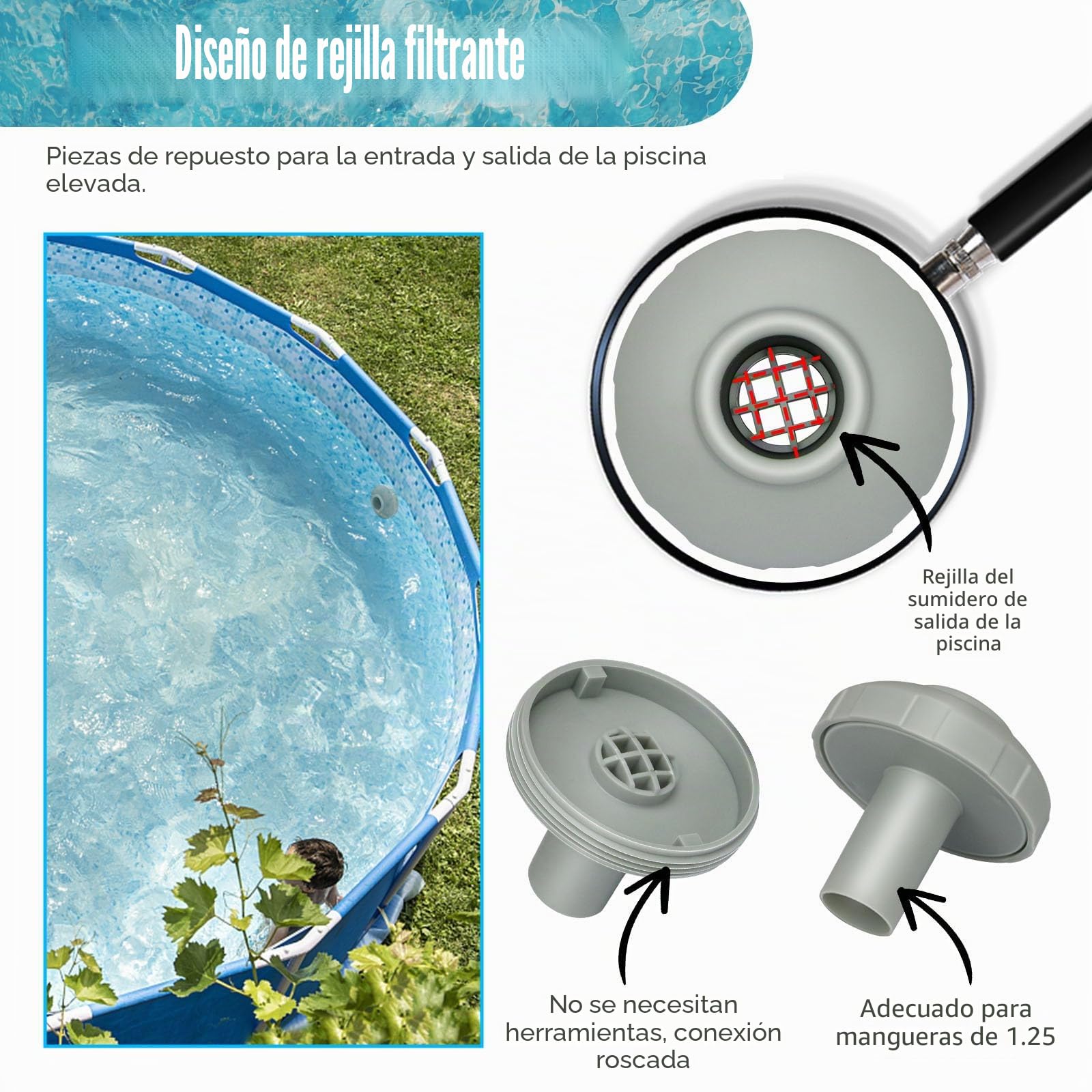 Pipihome Juego de conexión para piscina de 32 mm, boquilla de entrada para piscina, filtro de piscina, accesorios con rosca interior para atornillar, compatible con revitalización del agua (gris)