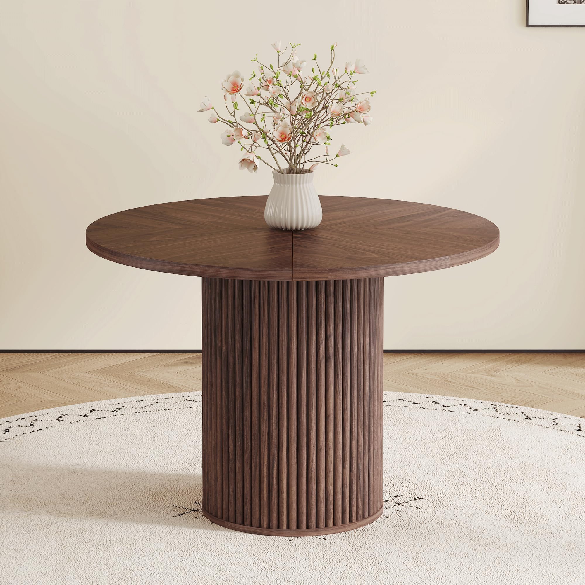 UELKS 42 inch walnut round dining table with storage pedestal