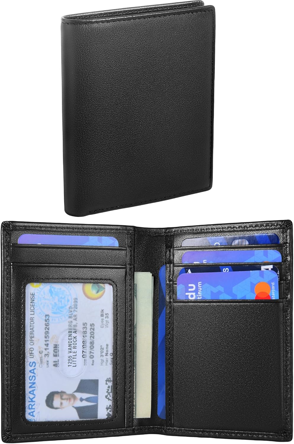 SIGFYER Bifold Slim Men Wallet Genuine Leather Thin, Fit 7-9 Cards, Several Cash (Fold Once), Small Vertical RFID Blocking Wallets for Men -Black