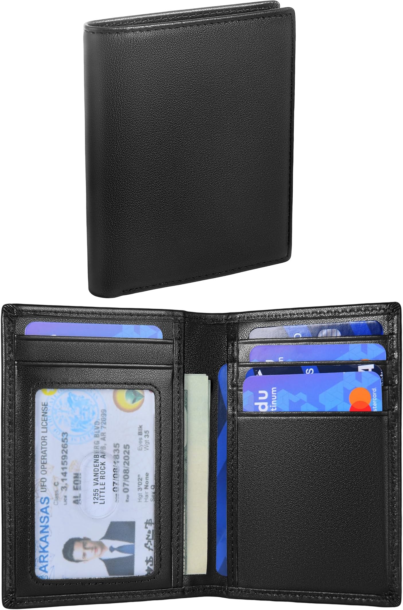 Bifold Slim Men Wallet Genuine Leather Thin, Fit 6-8 Cards, Several Cash (Fold Once), Small Vertical RFID Blocking Wallets for Men, Black, Minimalist