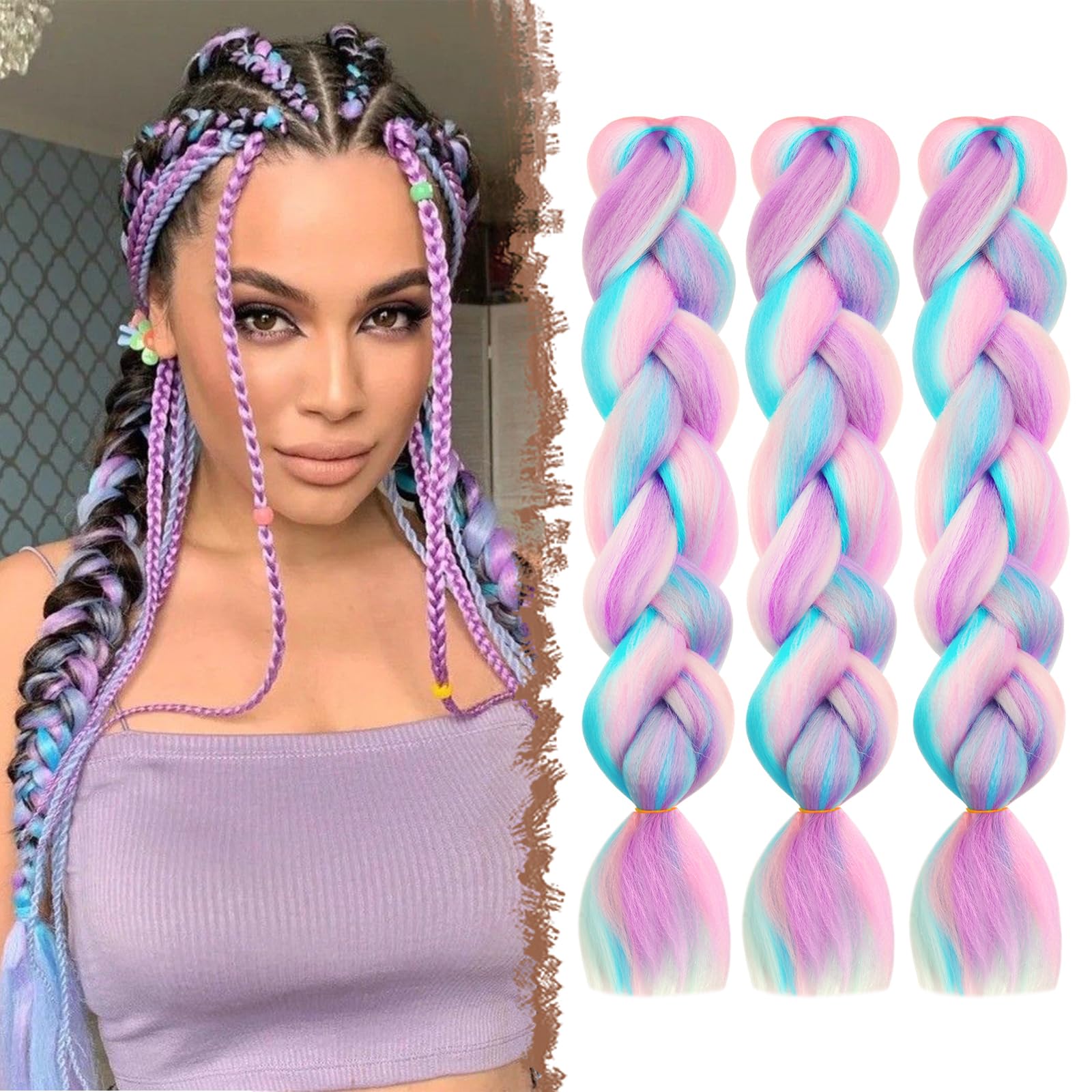 FESHFEN Kanekalon Extensiones para Trenzas 3 Piezas Extensión de Pelo Trenzado Africanas Sintético Jumbo Braiding Extensiones de Cabello Trenzado para Ganchillo, Rosa/Blanco/Azul claro/Morado claro