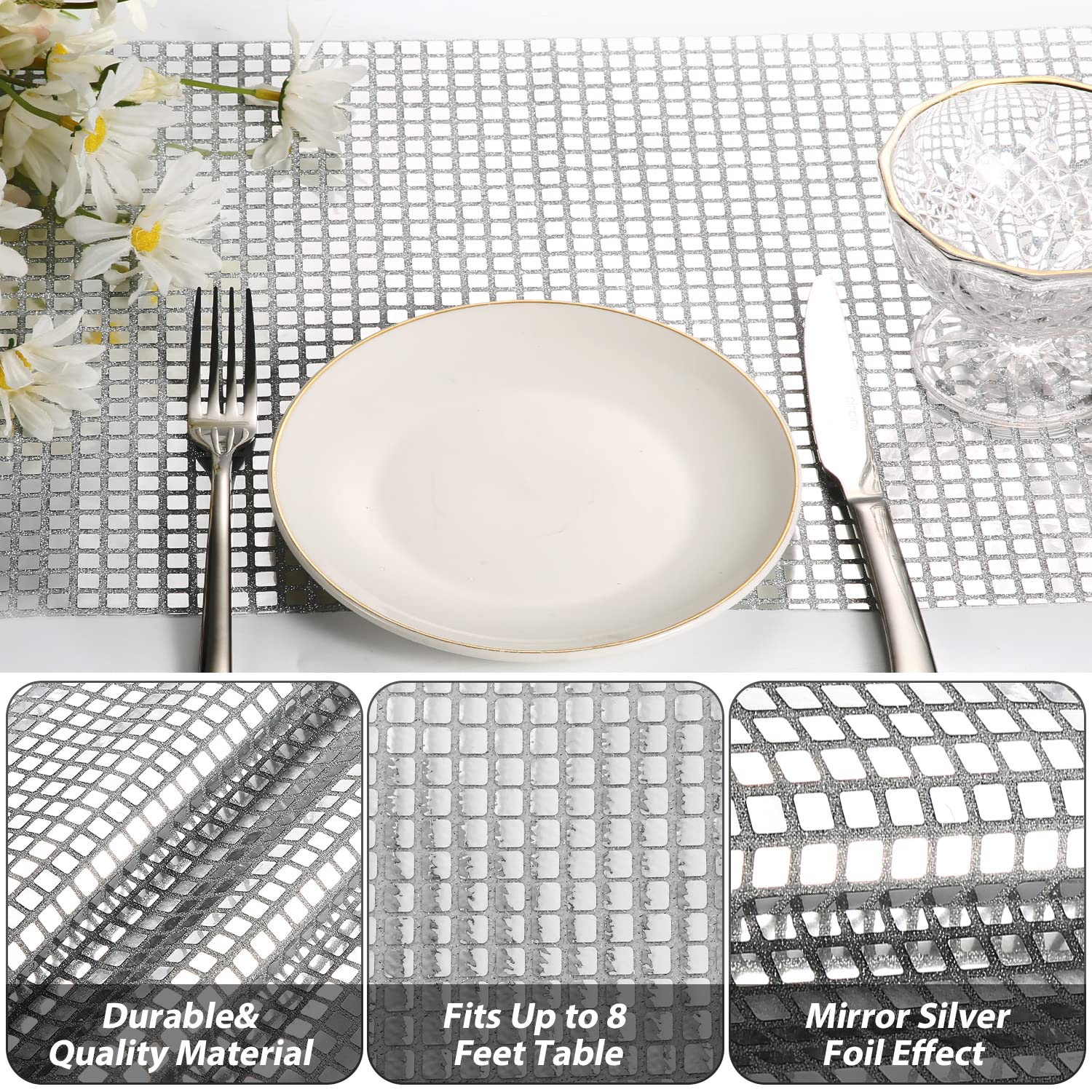 Disco tafelloper zilver glitter 3-delige set – jaren 80 decoratie voor feestjes, disco en bruiloft – glinsterend tafelkleed met zilveren disco bal sleutelhanger voor verjaardagsfeesten en dansfeesten Disco tafelloper zilver glitter 3-delige set – jaren 80 decoratie voor feestjes, disco en bruiloft – glinsterend tafelkleed met zilveren disco bal sleutelhanger voor verjaardagsfeesten en dansfeesten