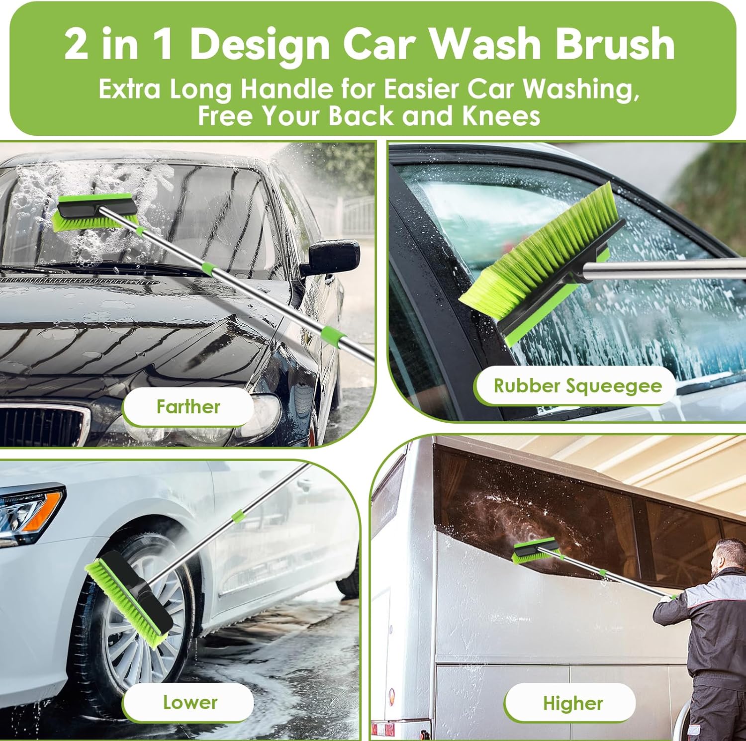 2 Pack Car Wash Brush with Long Handle, 62" Microfiber Car Wash Mop and Car Washing Brush Combo Set, Scratch-Free Soft Bristle Car Wash Mop Brushes Cleaning Kit for Exterior Car, Truck, RV, Boat