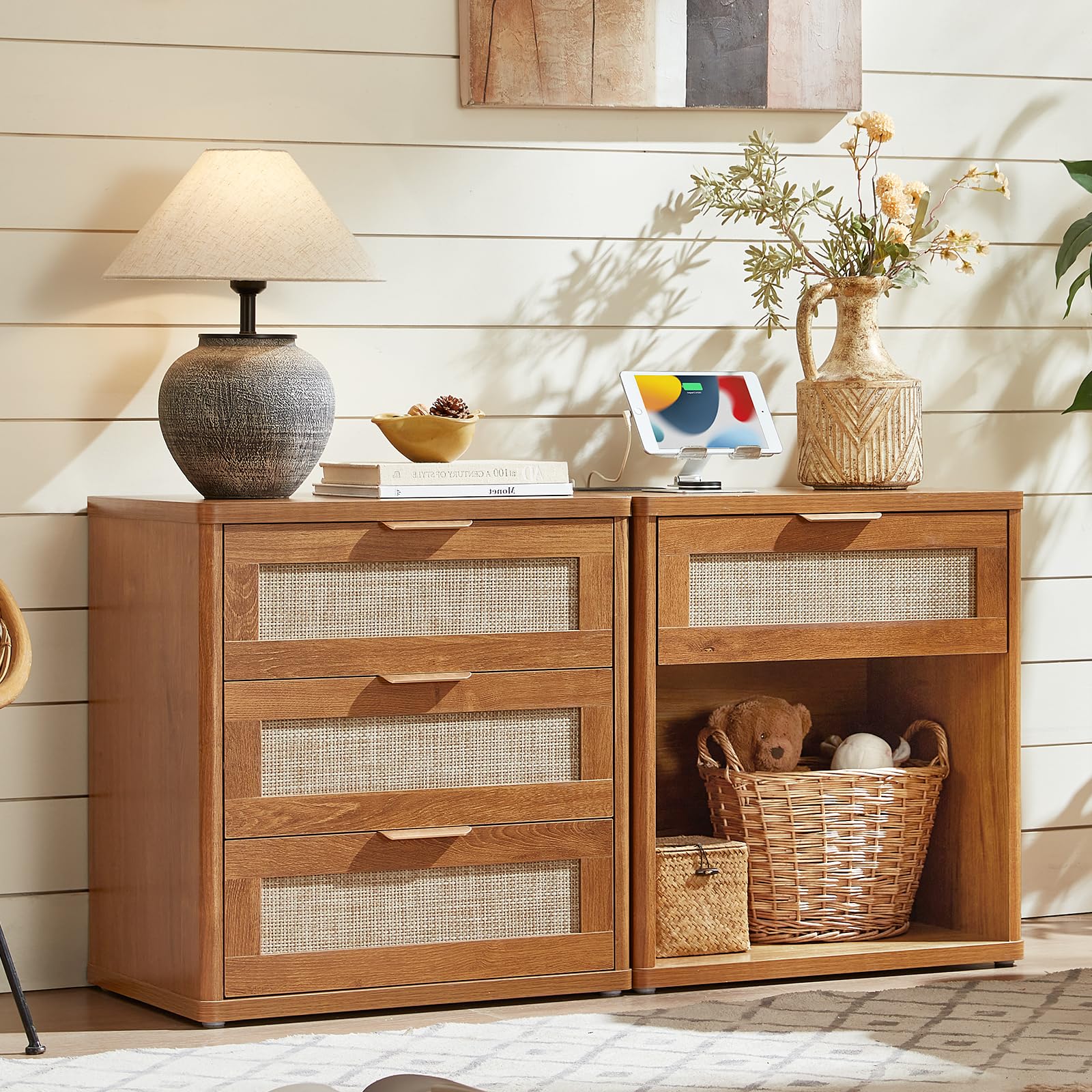 LEYAOYAO Rattan Nightstand Set of 2 with Charging Station, 1 & 3 Drawers Boho Night Stand Dresser for Bedroom, Tea Brown Bedside Table Open Storage Cabinet, Bed Side End Tables, Living