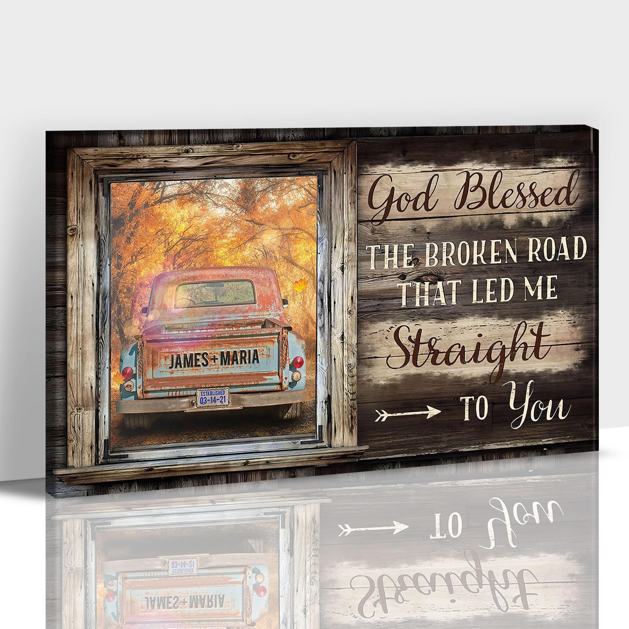 Generic Custom Canvas Prints Wedding God Blessed The Broken Road Barn And Vintage Motorcycle, Family Name Sign For Home Decor, Personalized Canvas, Full Size Customized 12""x18"", Style 08