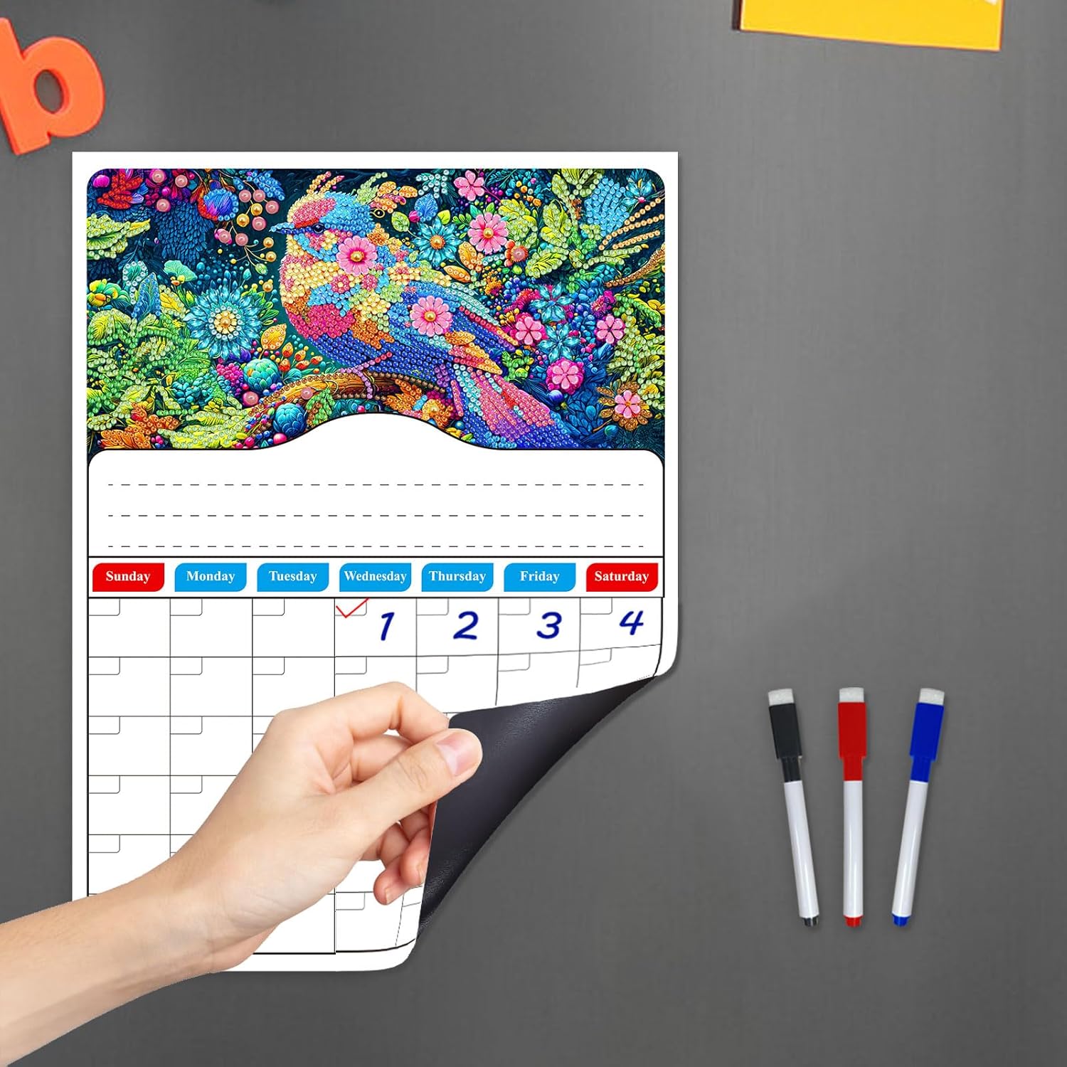 BAYUNOE 2Pcs Diamond Art Painting Refrigerator Magnet Calendar with 3Pcs Erasable Pens Handwritten Monthly Planner Dry Erase Calendar Whiteboard Calendar Refrigerator 11.6x15.7in-01
