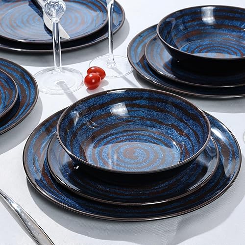 Miniatura 7 de Juego de vajilla de melamina Yummost, juego de 12 piezas de platos y cuencos, juego de platos de plástico azul con rosca, servicio para 4, sin BPA,