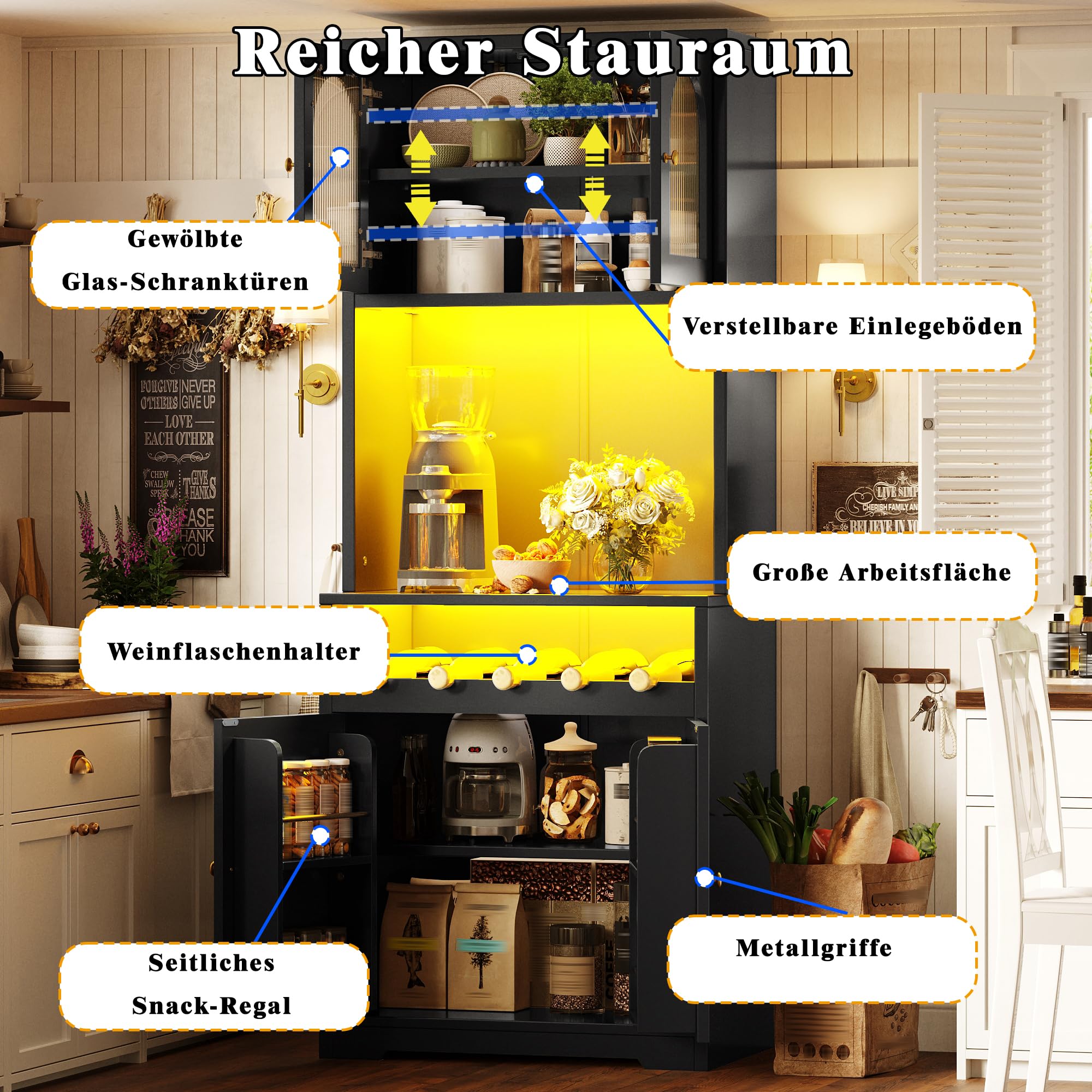 180cm Hoch Küchenschrank mit LED Beleuchtung & Weinregal, Schwarz
