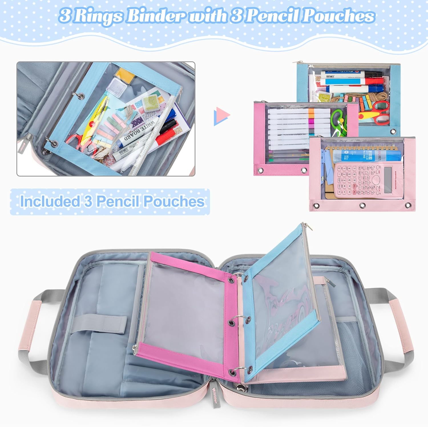 YARWO 2026 Upgraded Zipper Binder with 3 Pencil Pouches, Small File Organizer with Multi Pockets & Padded Sleeve Fits 13” iPad, Loose Leaf Paper, Name Card & Stationery for School, Office, Work, Pink