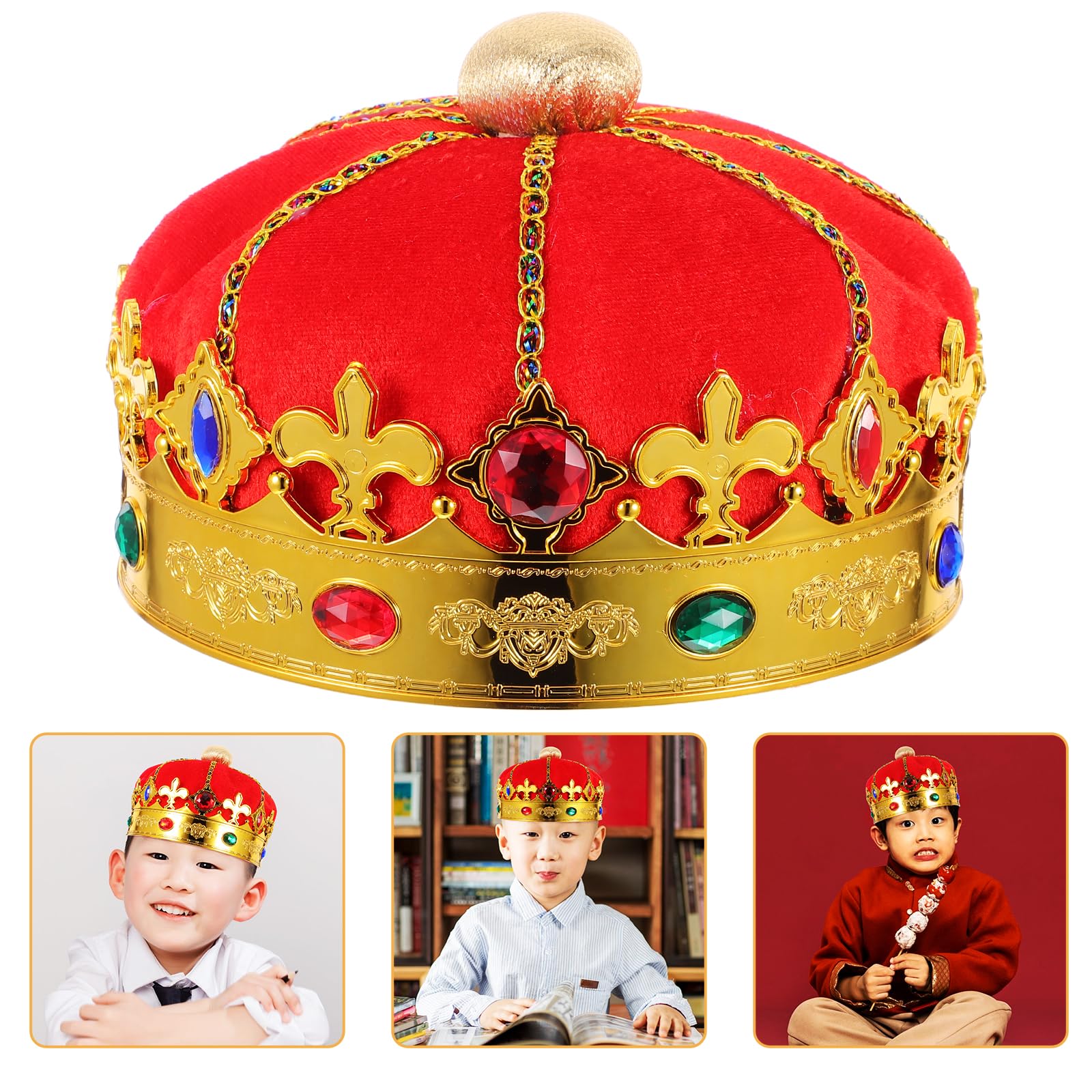 LUOZZY 1pc Red Dome King Crown Hat for Kids Costume Party Dress Up Performance Birthday Cosplay Royal Headdress Accessory