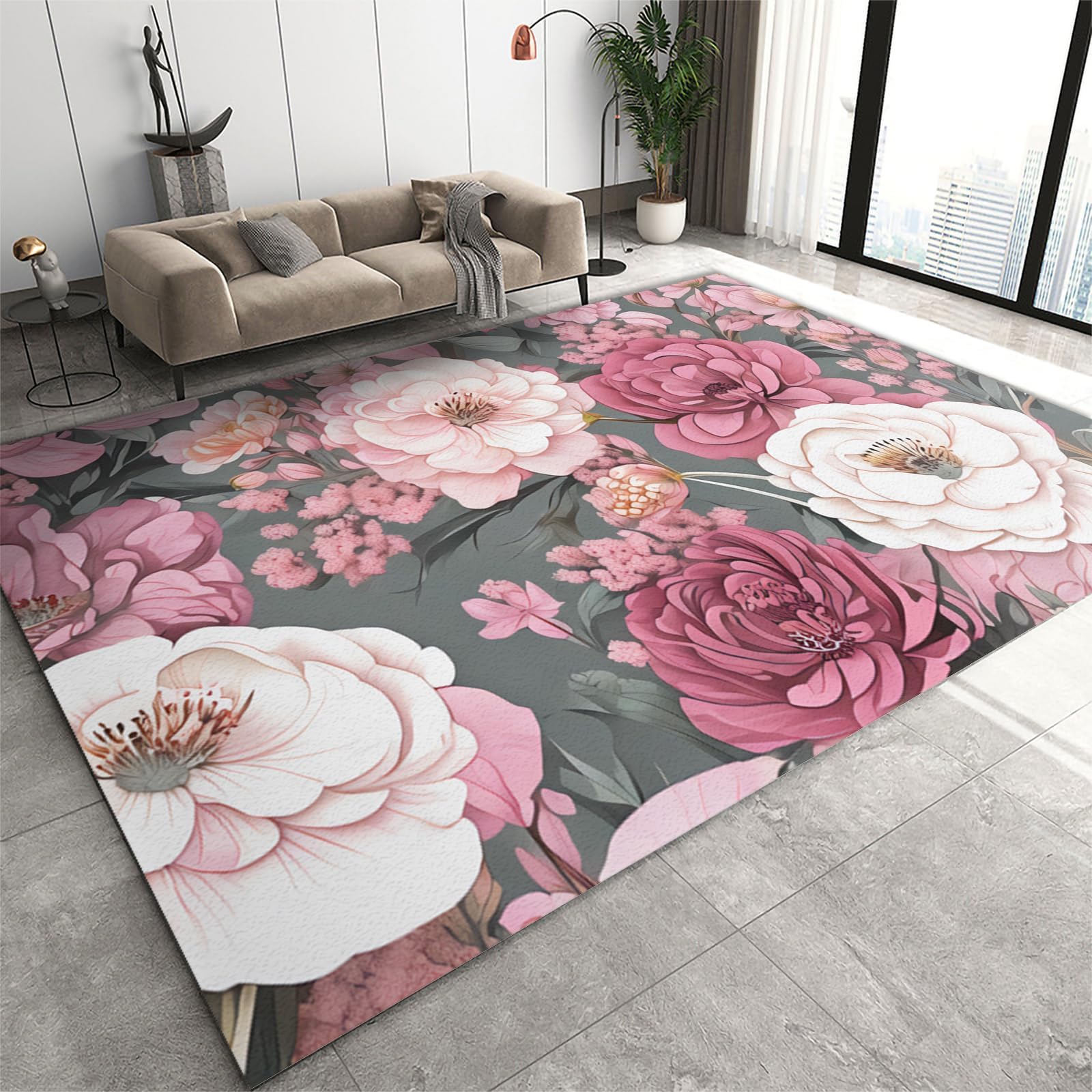 SANSJI Large Pink Rose Pattern Rug, Modern Romantic Fresh Machine Washable Floor Carpet, Soft and Plush Mats for Living Room Bedroom 180 x 200 cm