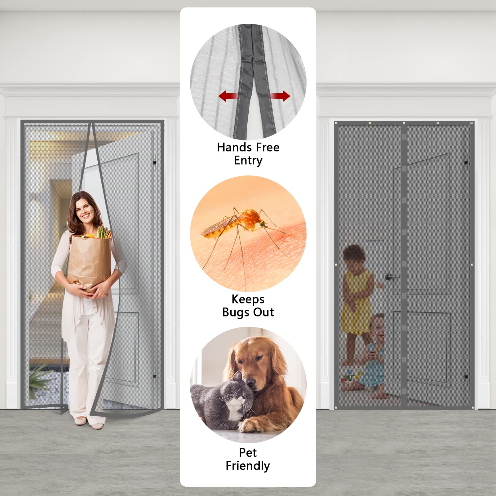 Magnet Fliegengitter Für Balkontür - 100x210 Cm, Selbstklebend, 10x Stärkerer Halt, Grau, Insektenschutz Ohne Bohren