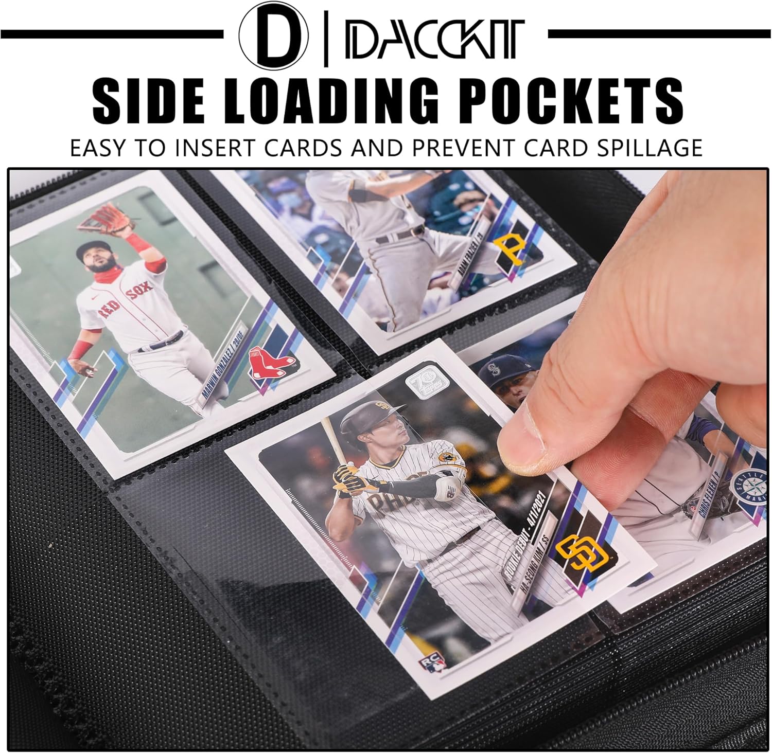 D DACCKIT Trading Card Binder 4 Pocket - Fits 336 Cards，21 Side-Loading Pages, Card Binder No Rings Folder for Collectible Games, Sports, TCG (Model D，Classic Black)