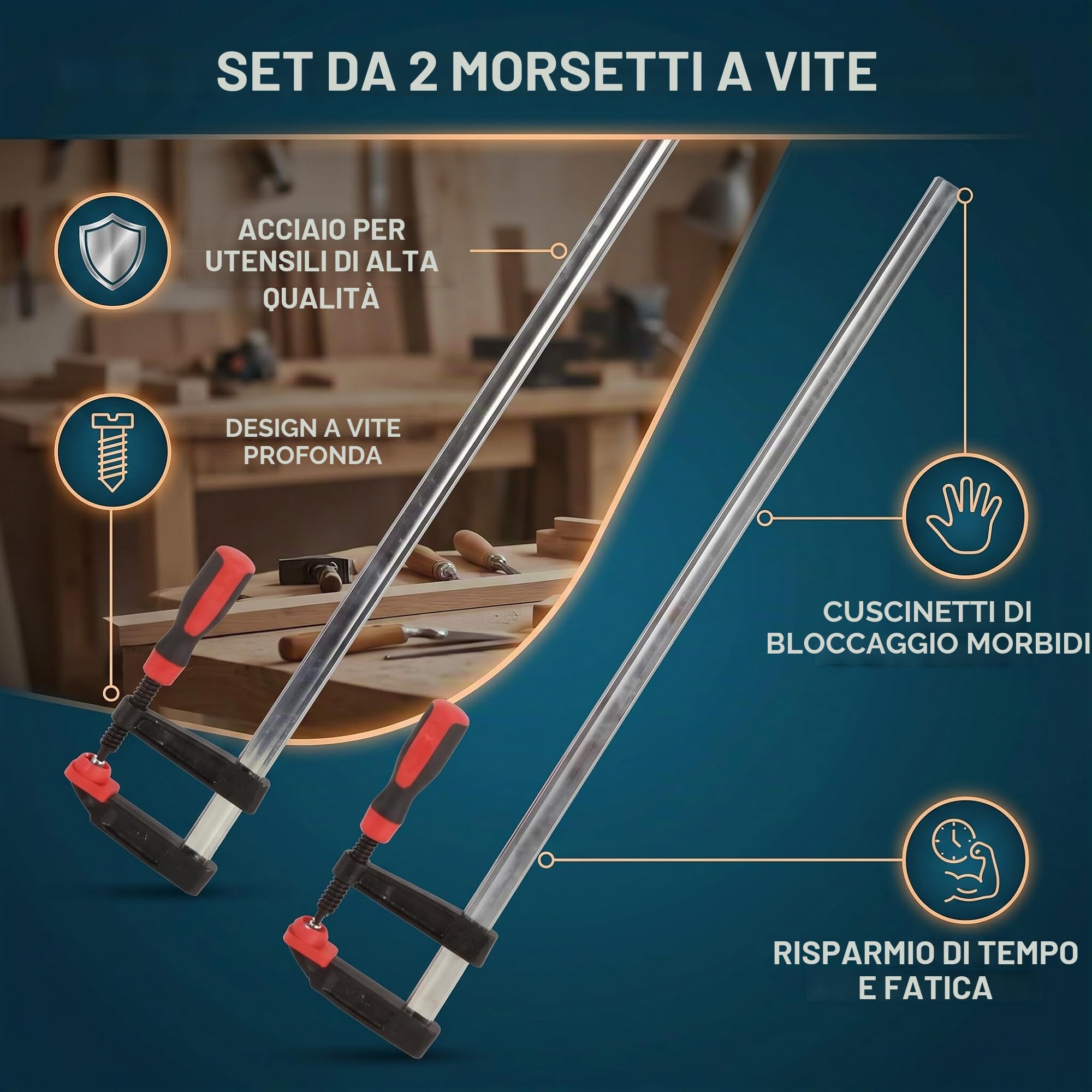 2 Morsetti a Vite 600 mm, Morsetto in Ghisa Malleabile, Apertura Alare, Lavorazione del Legno, F Clamps Bar in Ghisa Malleabile, kit di Attrezzi