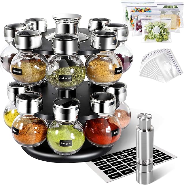Masthome Spice Rack with Jars, Rotating Spice Rack Organiser for Kitchen, 16pc Spice Jars with Lids & Labels for Herb - Send Salt Pepper Grinders & 15pc Fresh-Keeping Bags